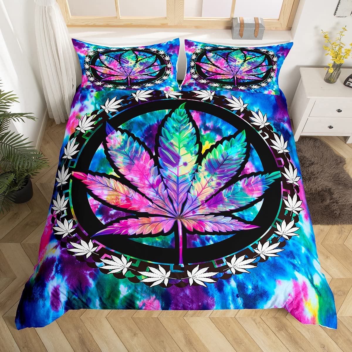 Cannabis Leaf Bedding Set Full Size, Marijuana Weed Duvet Cover, Boho Tie Dye Trippy Leaves Comforter Cover, Kids Teens Adult Ch