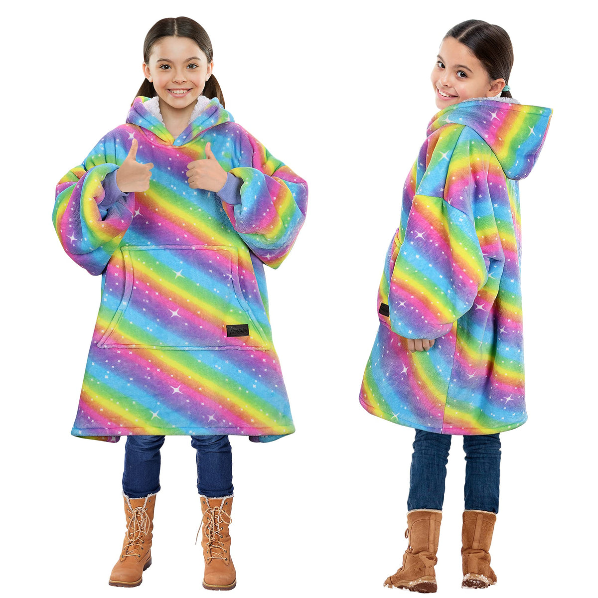 Solaris Rainbow Wearable Blanket Hoodie For Kids - Warm Soft Gift, Oversized Cozy Sherpa Fleece Sweatshirt Pullover For Teens, G