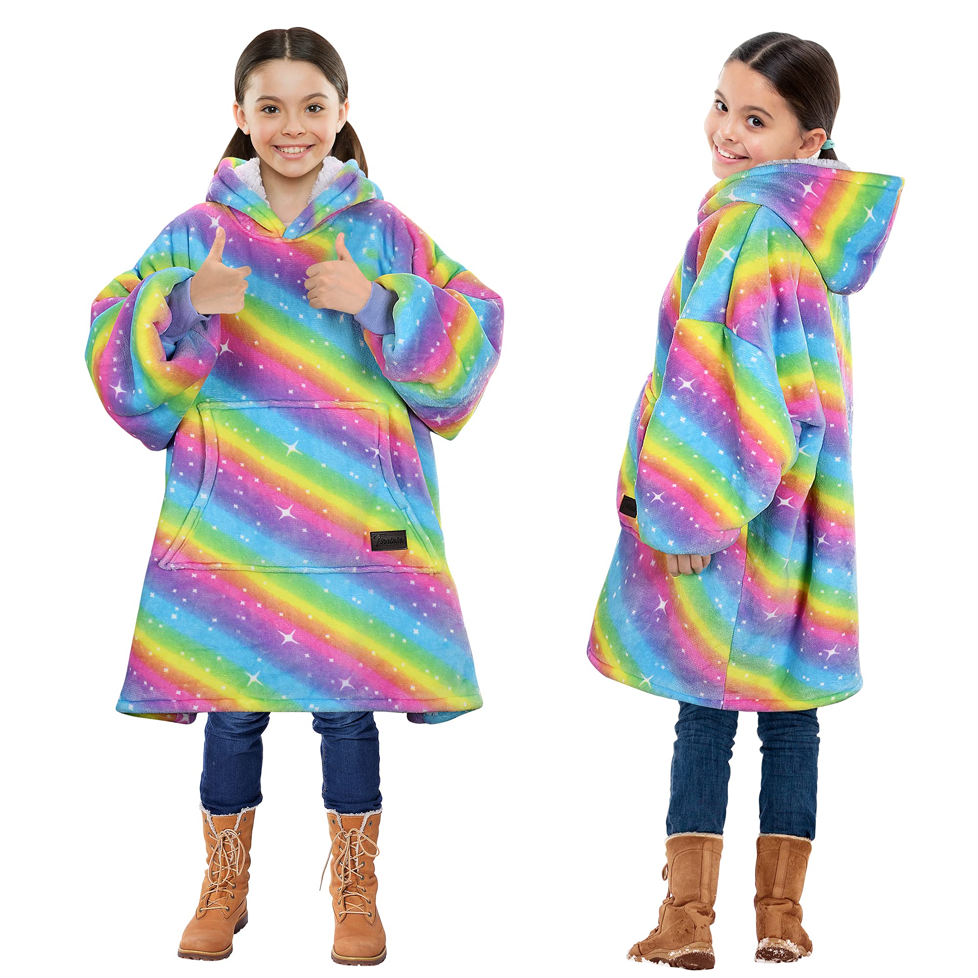 Solaris Rainbow Wearable Blanket Hoodie For Kids - Warm Soft Gift, Oversized Cozy Sherpa Fleece Sweatshirt Pullover For Teens, G