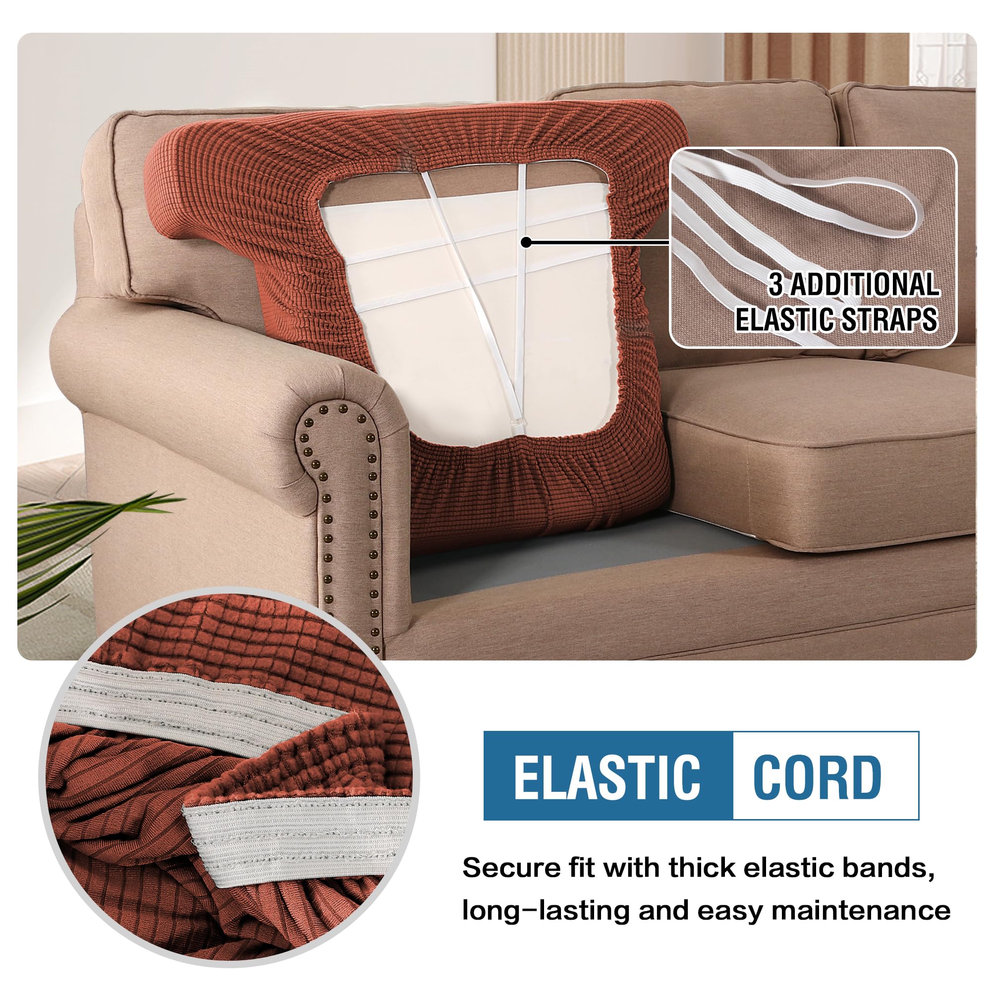 H.Versailtex Stretch 2 Piece T Cushion Sofa Slipcovers Individually Sofa Cushion Covers For 2 Cushion Couch Sofa Seat Cushion Covers With Elastic Bands Featuring Thicker Jacquard Fabric, Rust