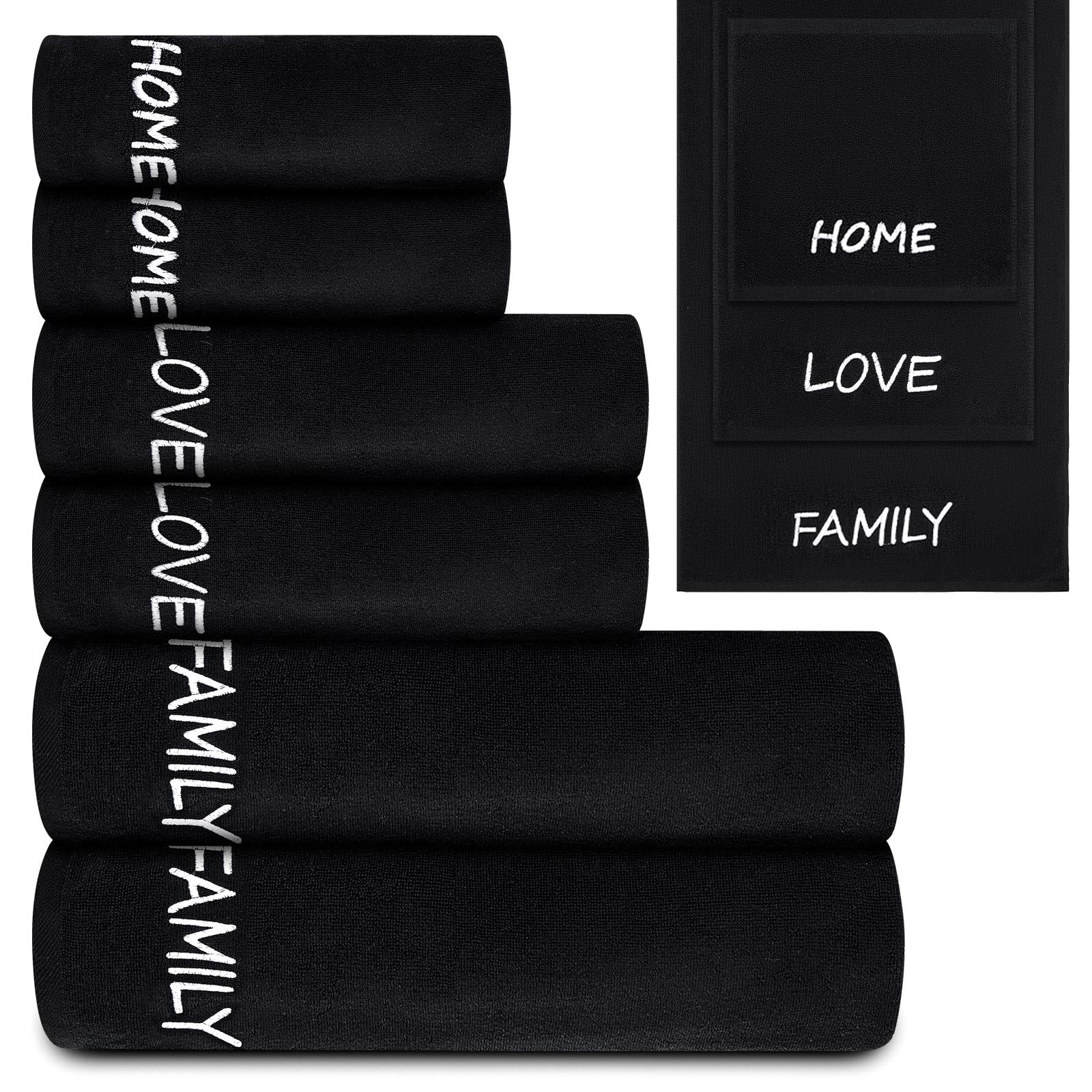 Peryiter 6 Pack Cotton Black Farmhouse Decorative Bath Towels Set, Soft and Absorbent, Contains 2 Bath Cloth, 2 Hand Cloth and 2