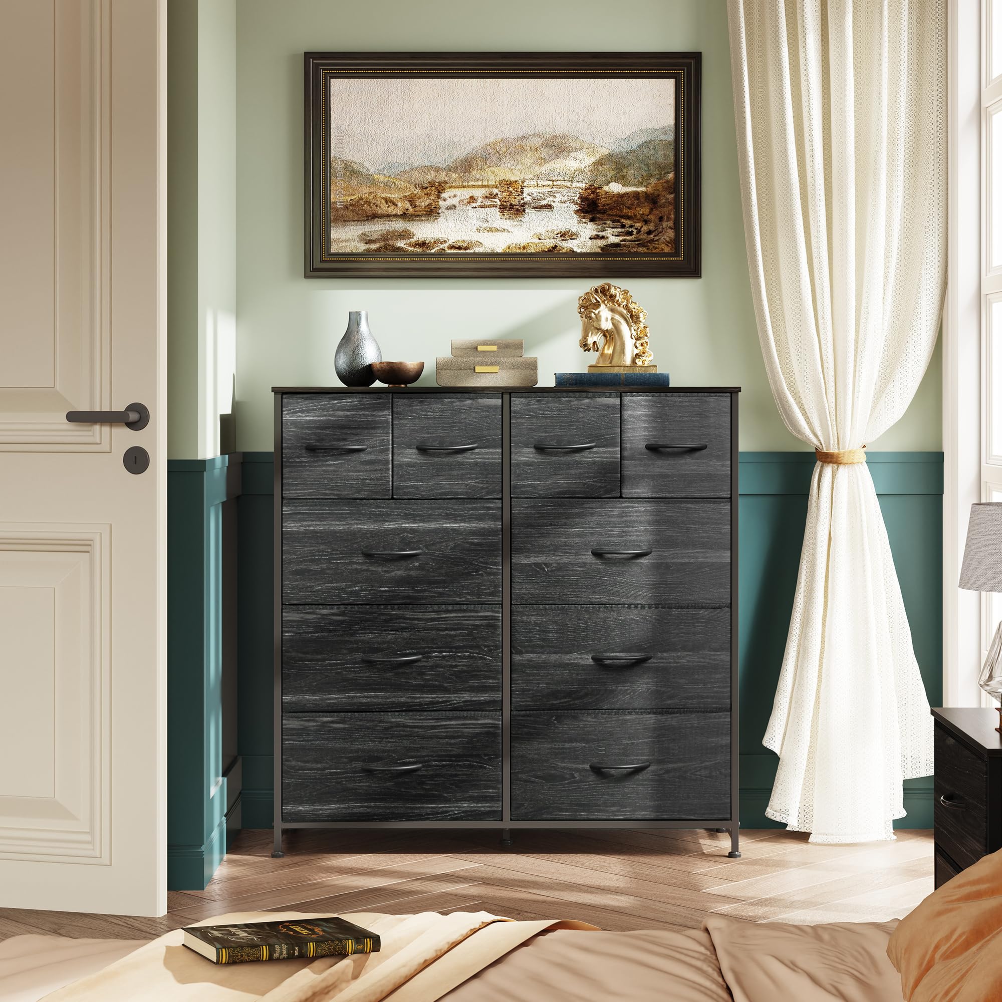 Wlive Dresser For Bedroom With 10 Fabric Drawers, Tall Chest Organizer Units For Clothing, Closet, Storage Tower With Cabinet, Metal Frame, Wooden Top, Charcoal Black Wood Grain Print