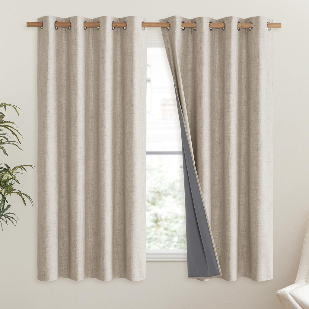 Nicetown Oatmeal Linen Complete Blackout Curtains 48 Inches For Kids Room, 2 Panels, Thermal Insulated & Noise Reducing Window Draperies With White Liner, Noise Reducing Short Drapes