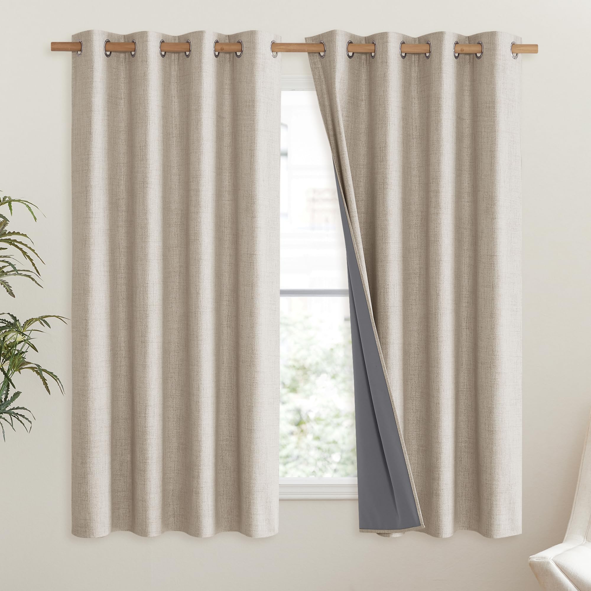 Nicetown Oatmeal Linen Complete Blackout Curtains 48 Inches For Kids Room, 2 Panels, Thermal Insulated & Noise Reducing Window Draperies With White Liner, Noise Reducing Short Drapes