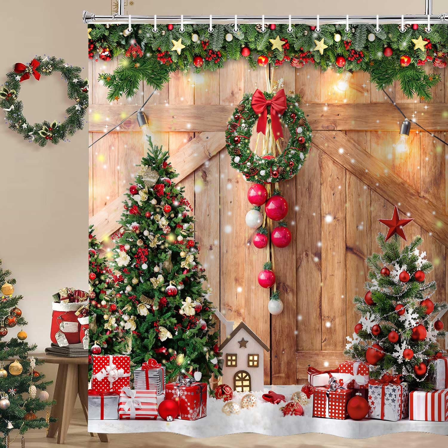 Hjokiupt Farmhouse Christmas Shower Curtain, Winter Xmas Tree Home Decor Wooden Barn Door Fabric Shower Curtains for Bathroom, C