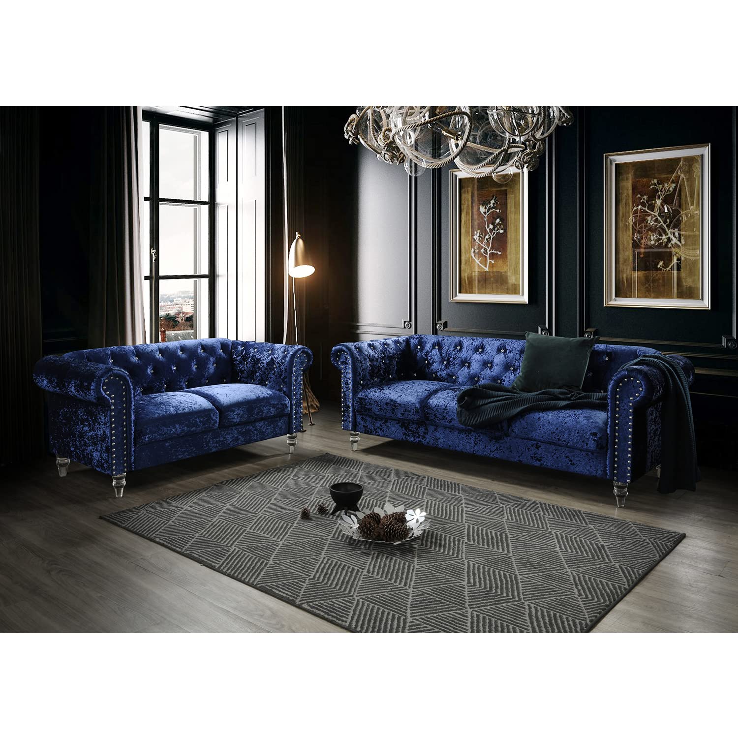 Global Furniture USA Dark Blue Velvet Tufted KD Sofa