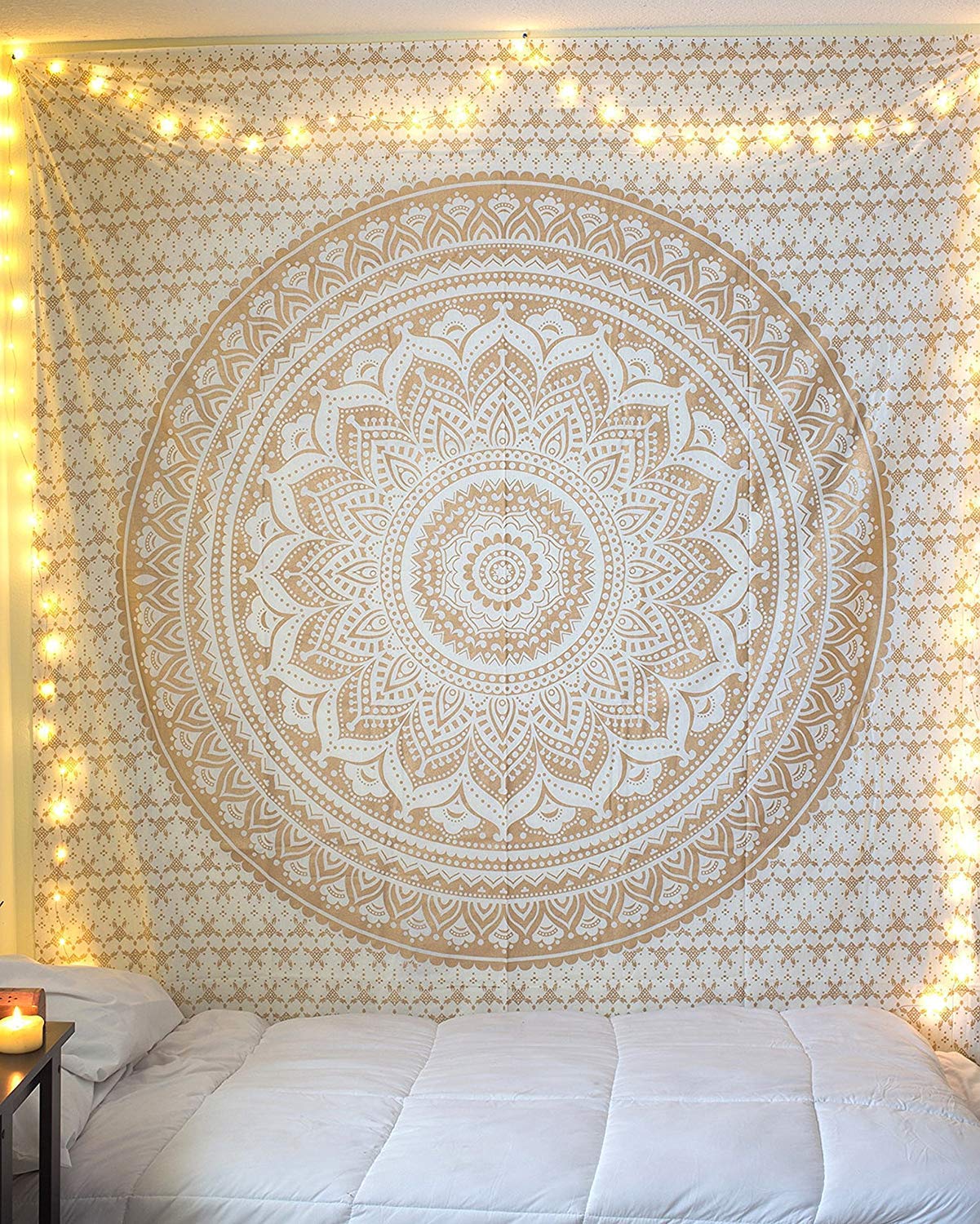 Rajrang Golden Mandala Tapestry For Bedroom And Living Room Wall Hanging Cotton Tapestries Golden And White Ombre 90X84 Inches