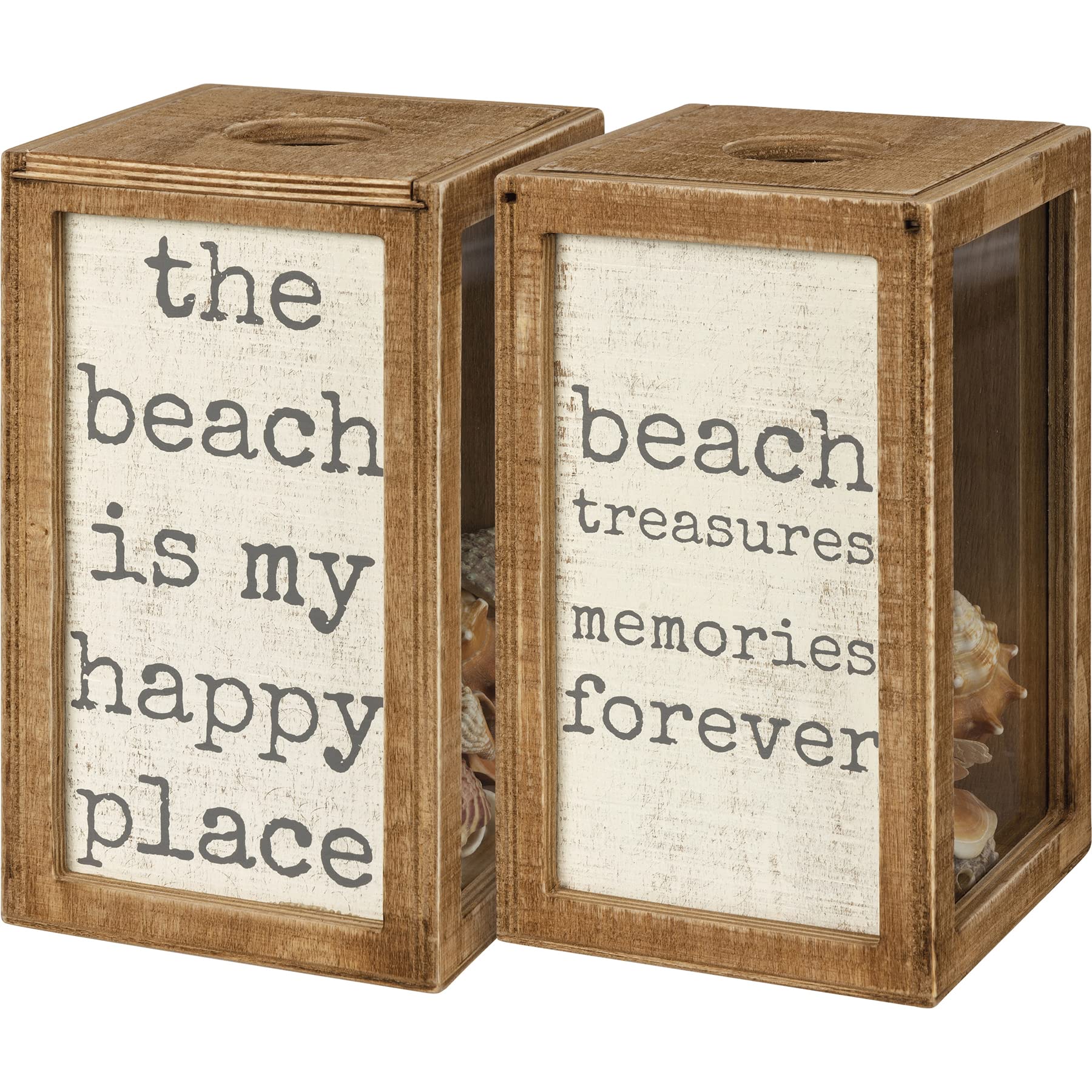 Primitives by Kathy Seashell Holder - Coastal Decor, Glass Display, Treasure Chest, Room and Bedroom Decor, Brown Wood