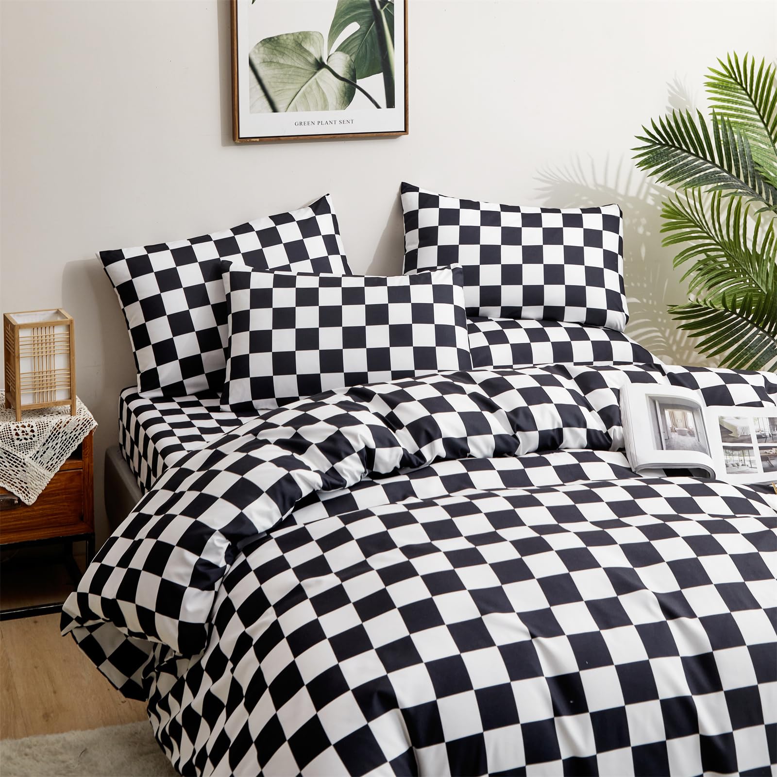 Clothknow Black Plaid Twin Comforter Set 3Pcs Black White Grid Bedding Comforter Sets Checker Comforter Twin Soft Black And White Comforter Sets Twin
