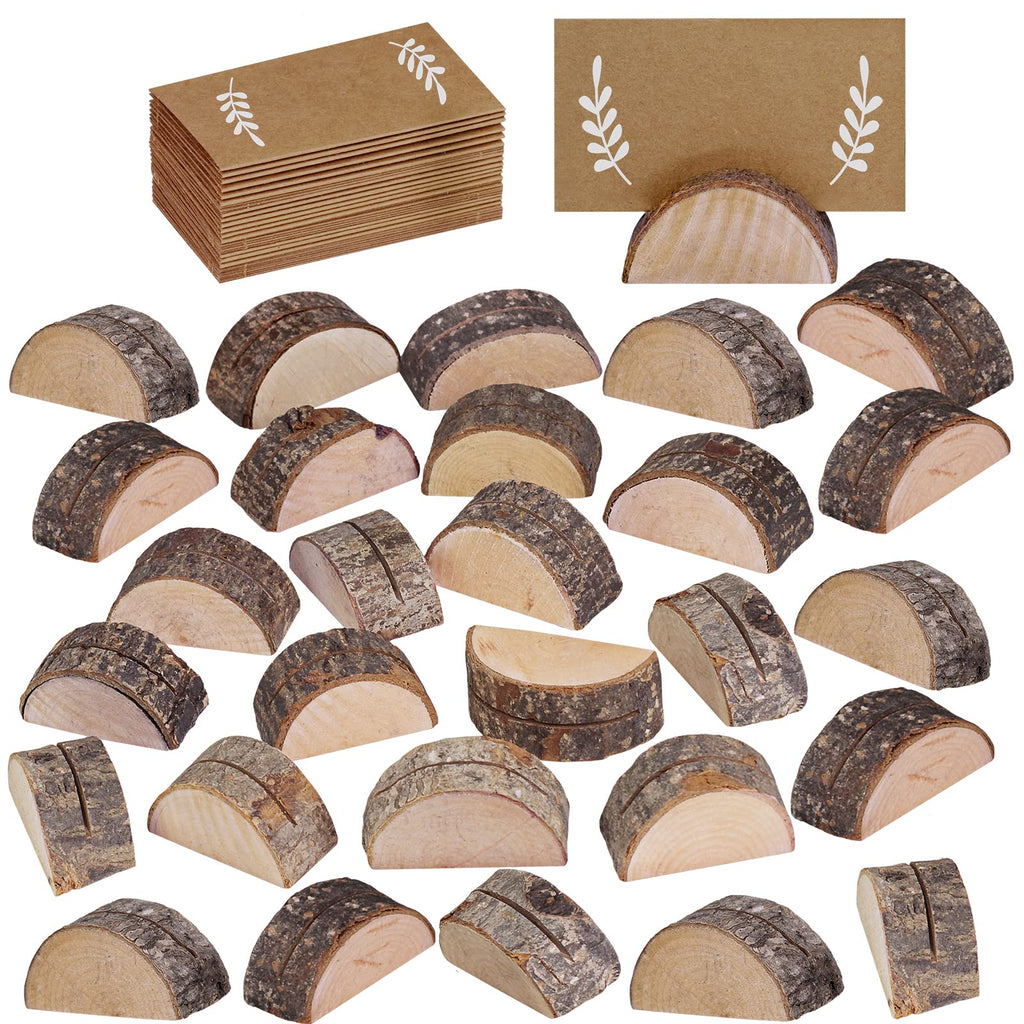30 Pcs Rustic Wood Wedding Place Card Holders with 32 Pcs Kraft Tented Cards Half-Round Table Numbers Holder Stand Wooden Memo H