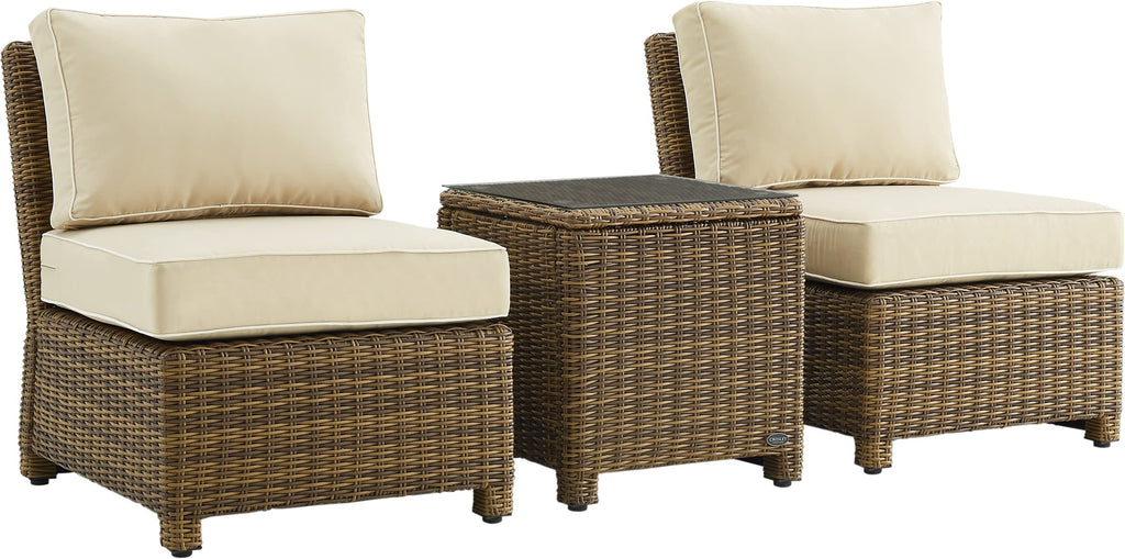 Crosley Furniture Bradenton 3-Piece Outdoor Chair and Side Table Set, Wicker Patio Conversation Sets, Brown with Sand Cushions