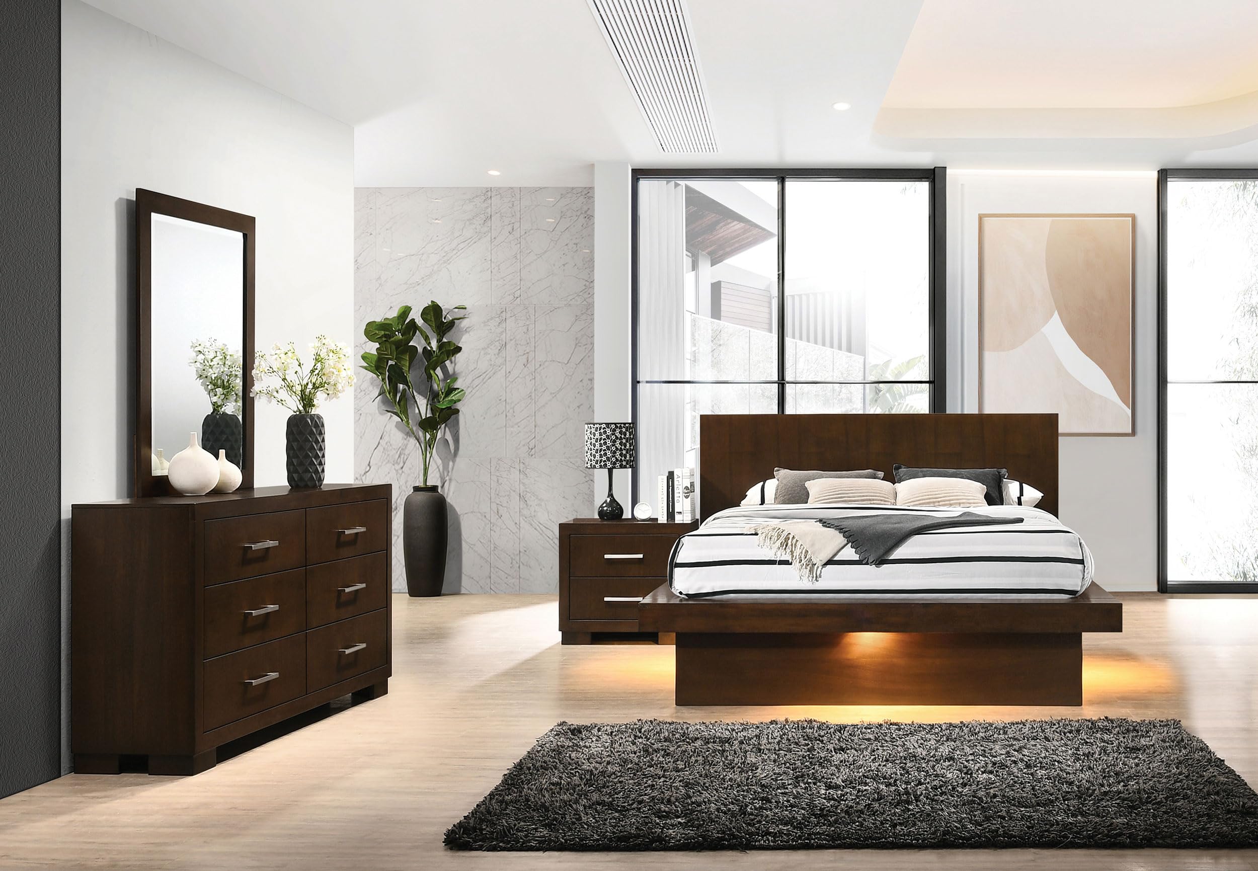 Coaster Home Furnishings Jessica Contemporary 4-Piece Bedroom Set Queen Size LED Panel Bed Frame 43-inch Headboard Cappuccino 200711Q-S4