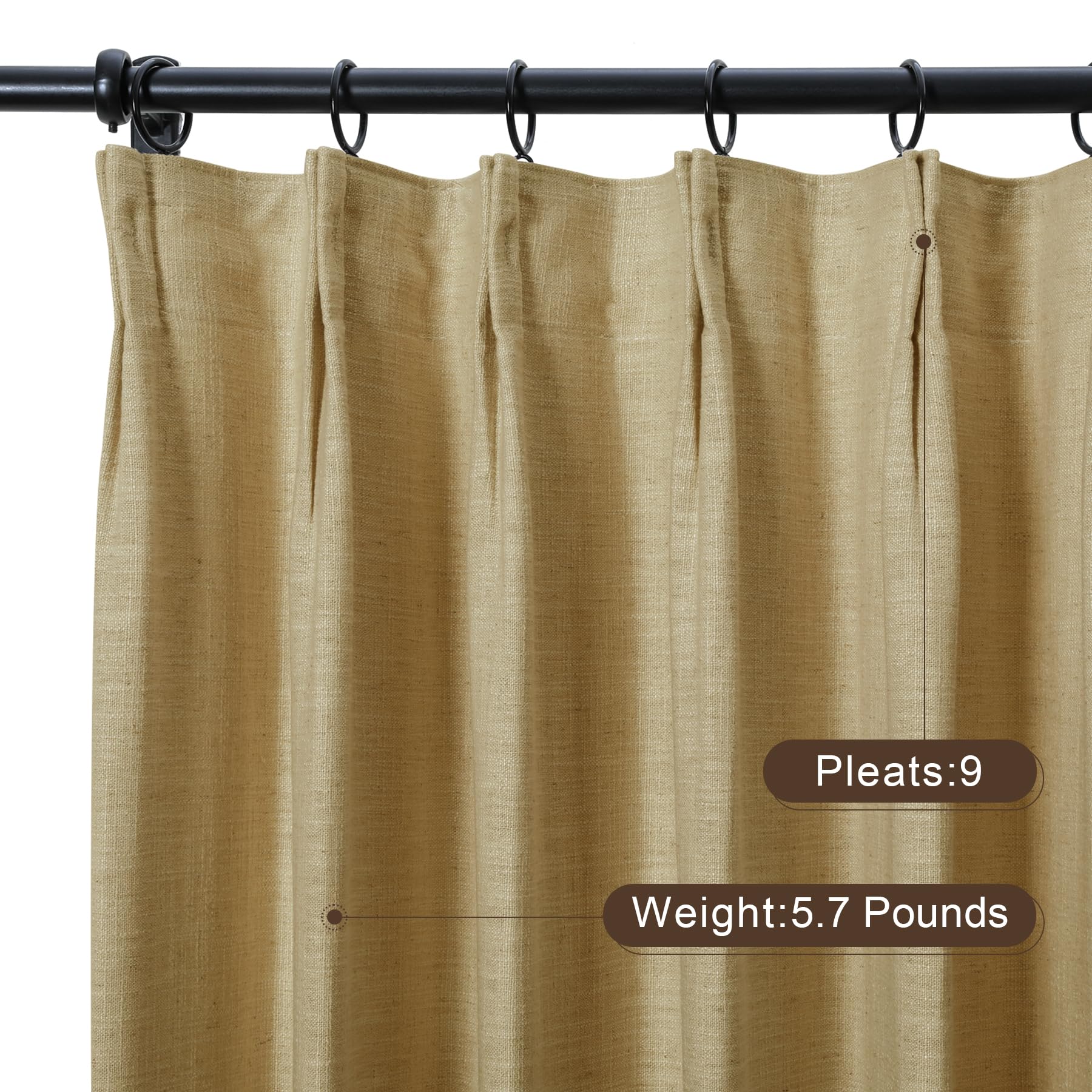 Twopages Khaki Linen Pinch Pleat Drape For Living Room, Window Treatment Curtain Panel Double Layer Room Darkening Light Filteri