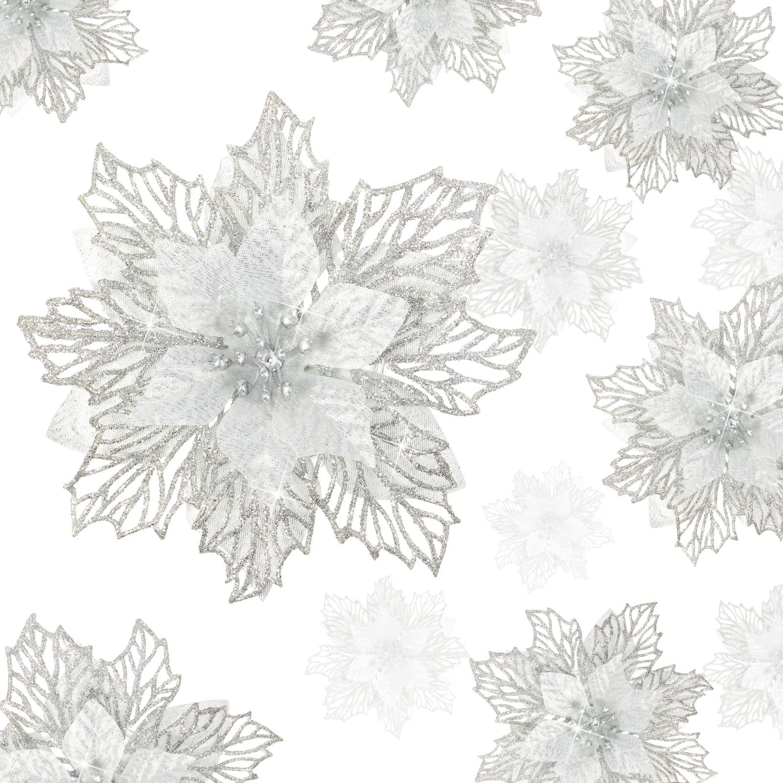 24 Pieces Christmas Glitter Poinsettia Flowers Layered Artificial Xmas Flowers Wedding Christmas Tree New Year Ornaments (Silver