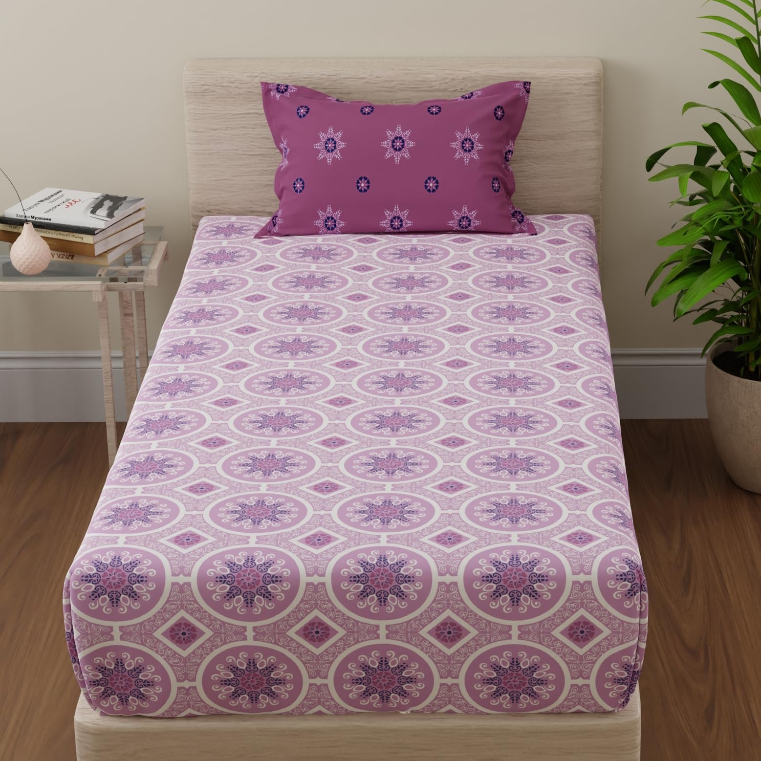 Huesland By Ahmedabad Cotton 144 Tc Single Cot Bedsheet Cotton With 1 Pillow Cover | Mandala | Pink & Magenta