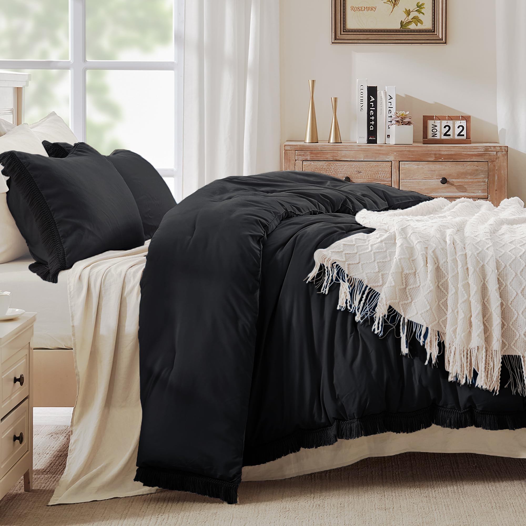 Andency Black Comforter Set Queen, 3 Pieces Boho Tassel Lightweight Bedding Comforter Sets, All Season Soft Fluffy Fringe Bed Set (90X90In Comforter & 2 Pillowcases)