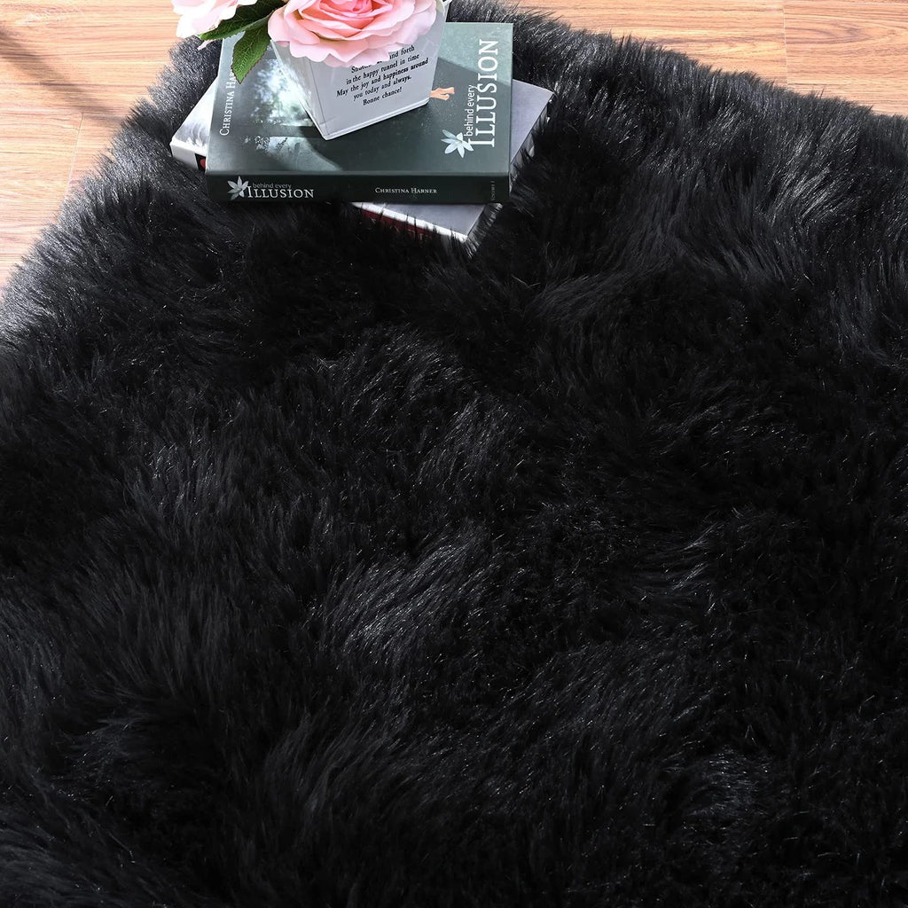 Orinova Black Fuzzy Faux Sheepskin Shaggy Fur Rugs For Bedroom Machine Washable Furry Rug 4X6 Area Rugs For Nursery Decor