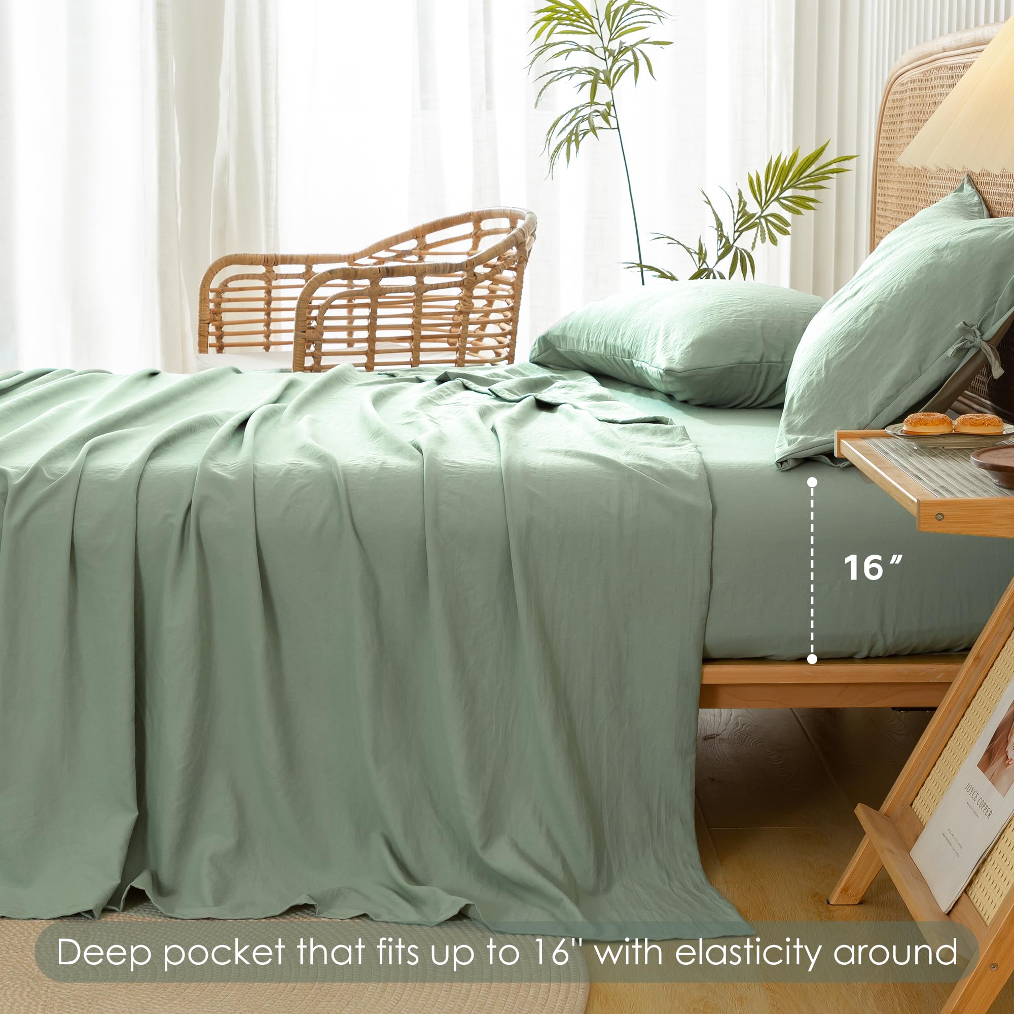 Cottebed Boho Washed Polycotton King Bed Sheet - Ultra-Soft Vintage Wrinkle Look 16'' Deep Pocket King Sized Bedding Set, Home C