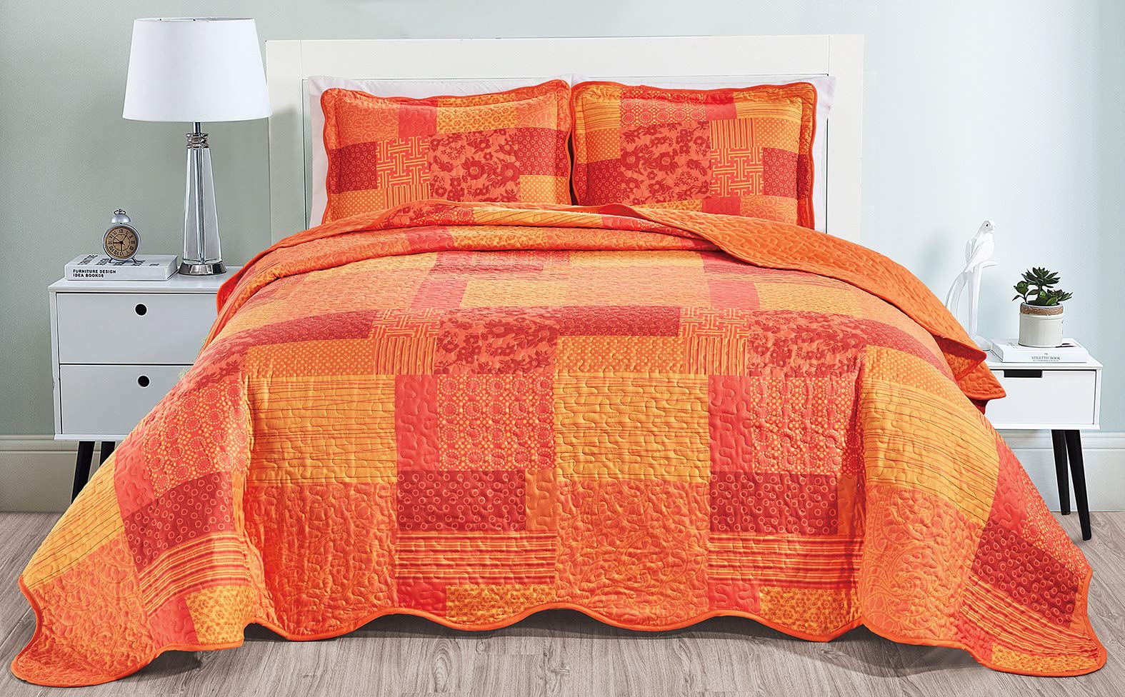 Masterplay 3-Piece Fine Printed Oversize (100' X 95') Quilt Set, Bedspread Coverlet Queen Size Bed Cover (Shades Of Orange, Pa