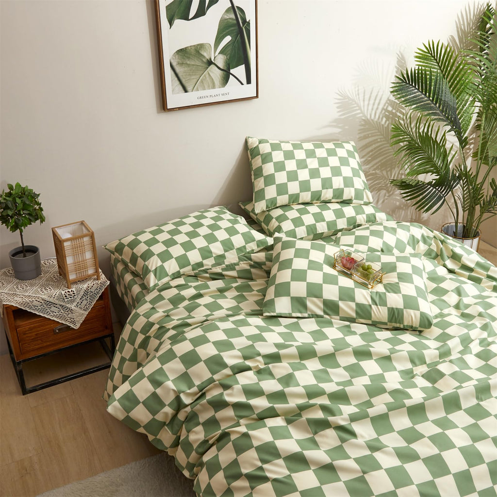 Clothknow Green White Plaid Comforter Set Twin 3Pcs Checker Bedding Comforter Sets Buffalo Twin Comforter Sage Green Comforter S