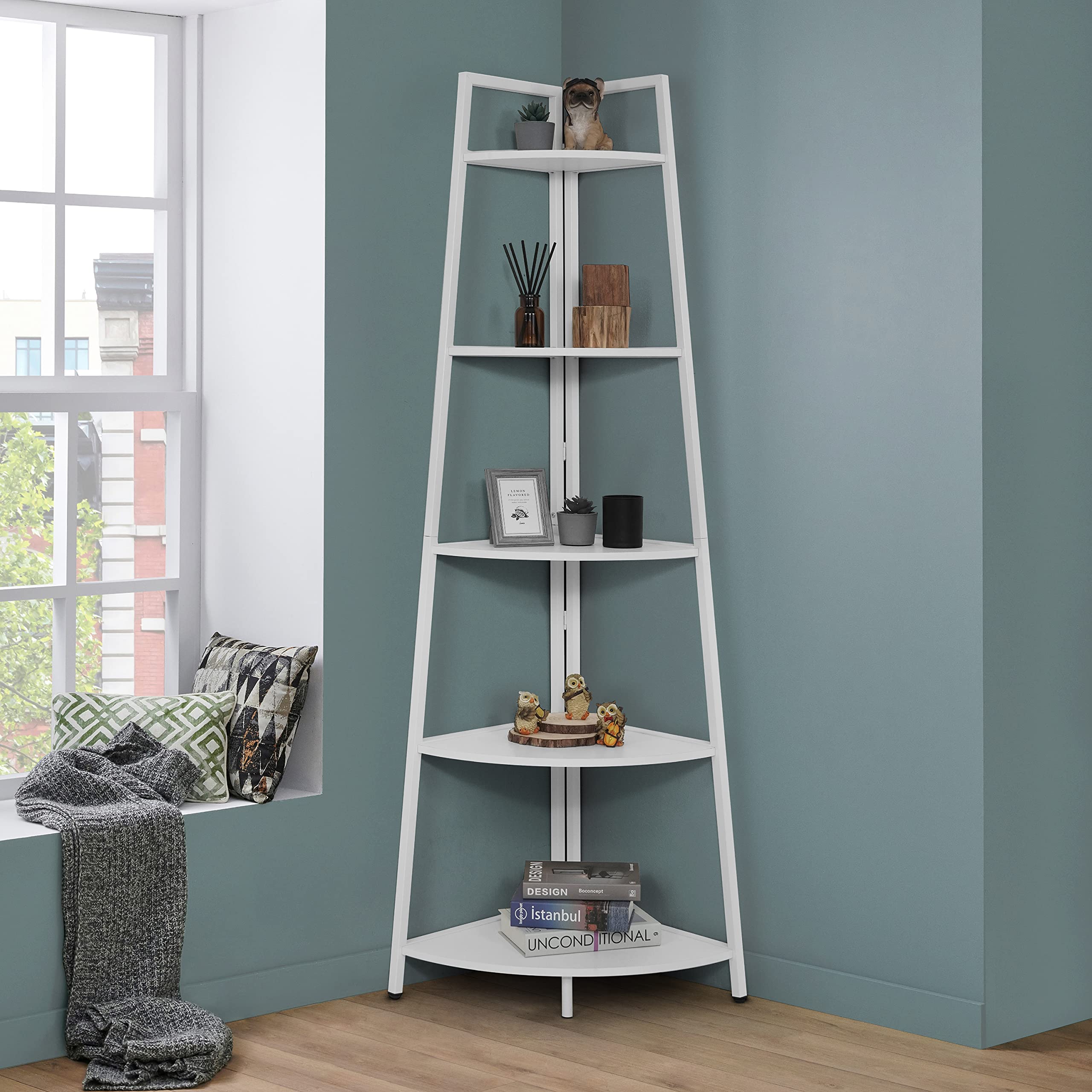 CAPHAUS Tall Corner Shelf Stand, 5-Tier Display Shelves, Ladder Corner Wood Storage Plant Bookshelf with Metal Frame, Versatile 