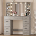 Wodeer Makeup Vanity with Drawers, 43 Grey Vanity Desk with Mirror and Lights, 11 Drawers & 4 Shelves, Power Outlet & Adjustable
