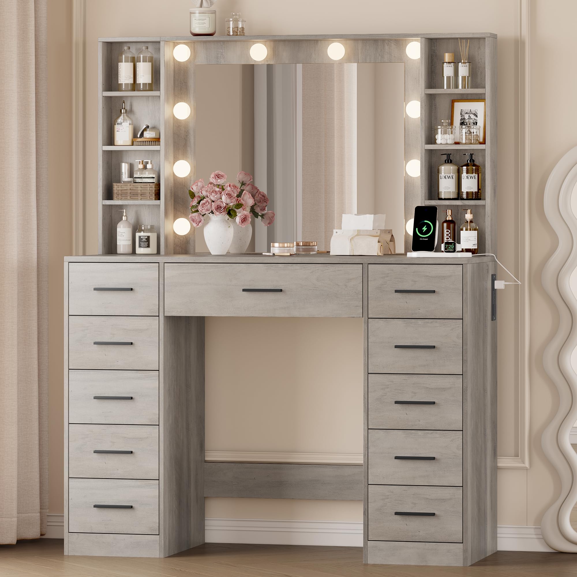 Wodeer Makeup Vanity with Drawers, 43 Grey Vanity Desk with Mirror and Lights, 11 Drawers & 4 Shelves, Power Outlet & Adjustable