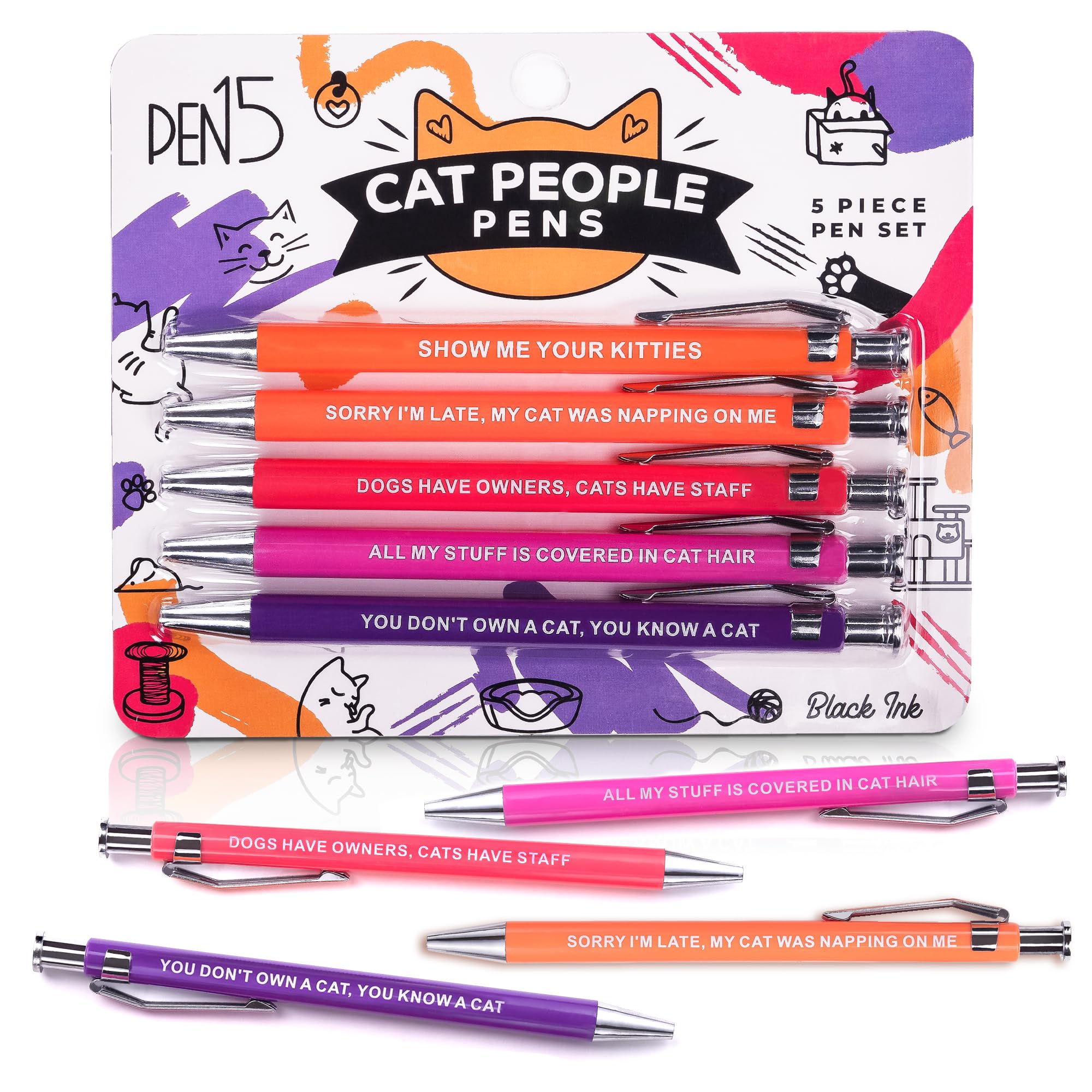 Milktoast Brands Funny Cat Pens - Snarky Office Gag Gifts For Pet Owners, Cat Lovers & Coworkers - Black Ballpoint Pens With Wit
