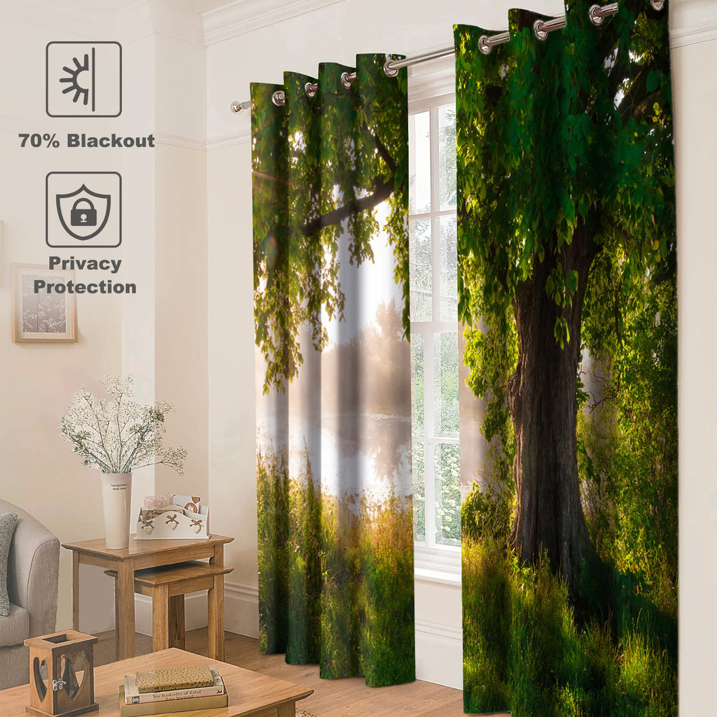 Jekeno Oak Tree Forest Blackout Curtains Green Tree Jungle Nature Landscape Foggy Scenery Stream View Print Tree Decor For Bedro