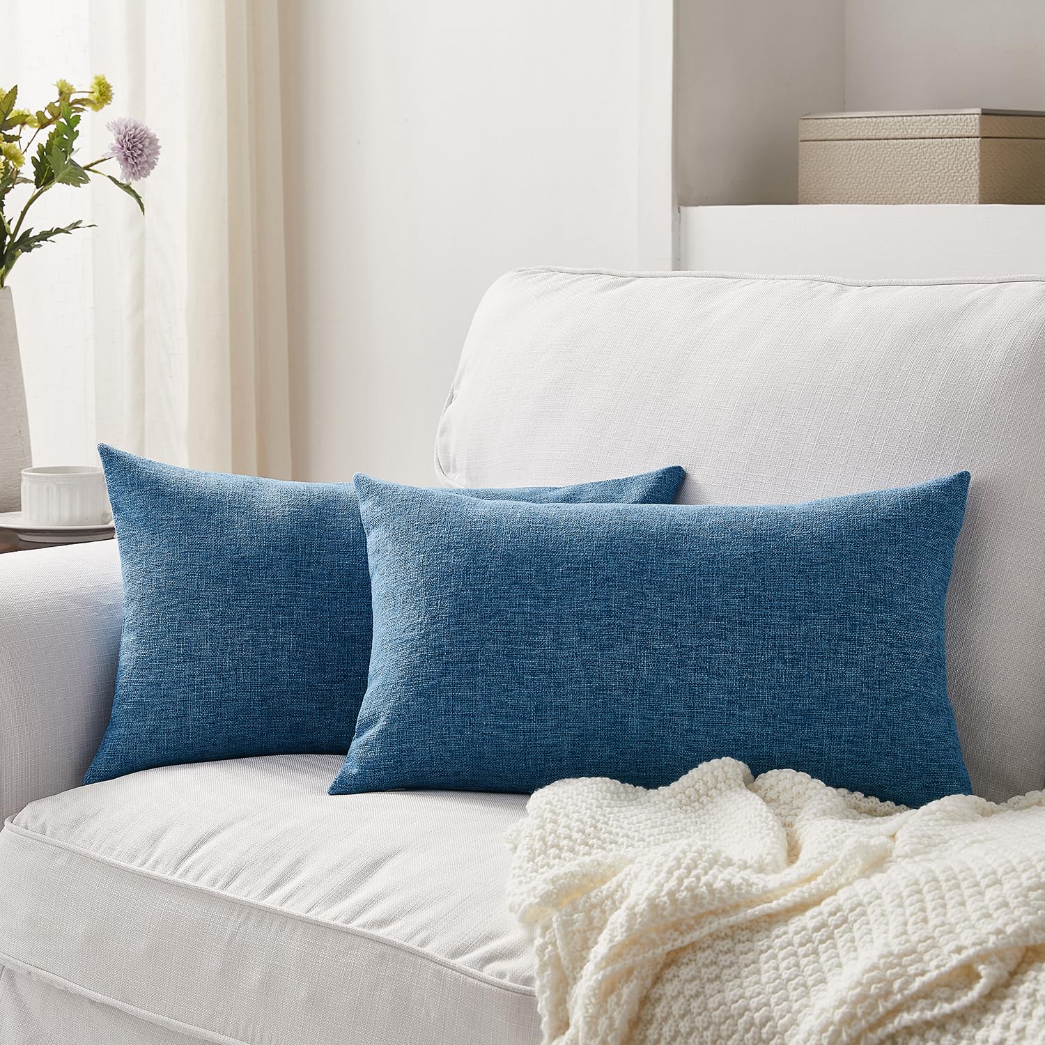 Meekio Set Of 2 Blue Pillow Covers 12 X 20 Inch Farmhouse Boho Decorative Throw Pillow Covers Linen Cushion Covers For Sofa Couc