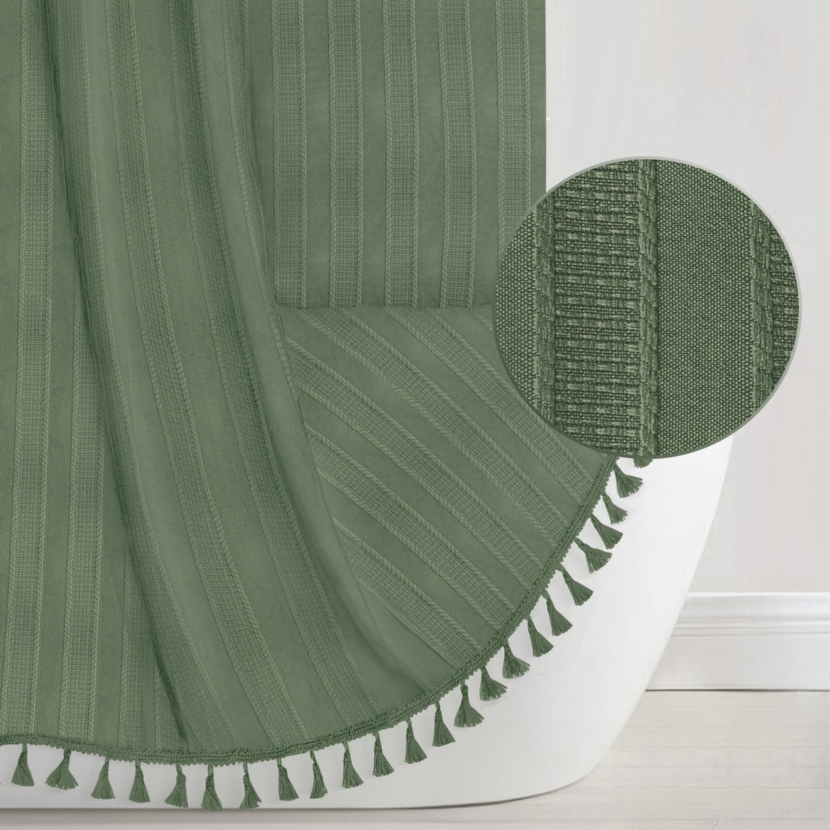 Seasonwood Extra Long Sage Green Shower Curtains For Bathroom 72 X 84 Inches Textured Vertical Stripe Tassel Shower Curtain Farm