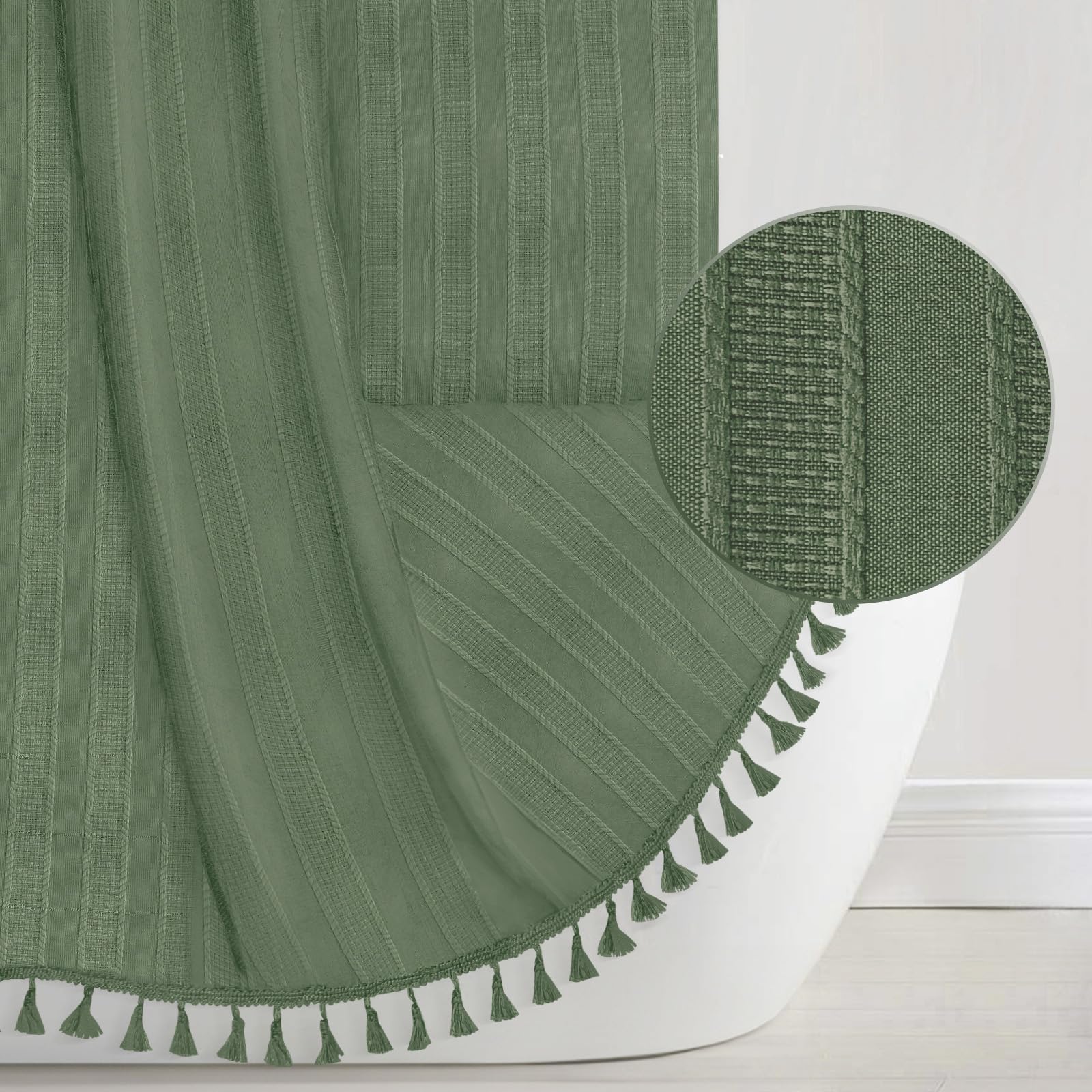 Seasonwood Boho Green Shower Curtain For Bathroom 72 X 72 Inches Textured Vertical Stripe Tassel Shower Curtain Farmhouse Minima