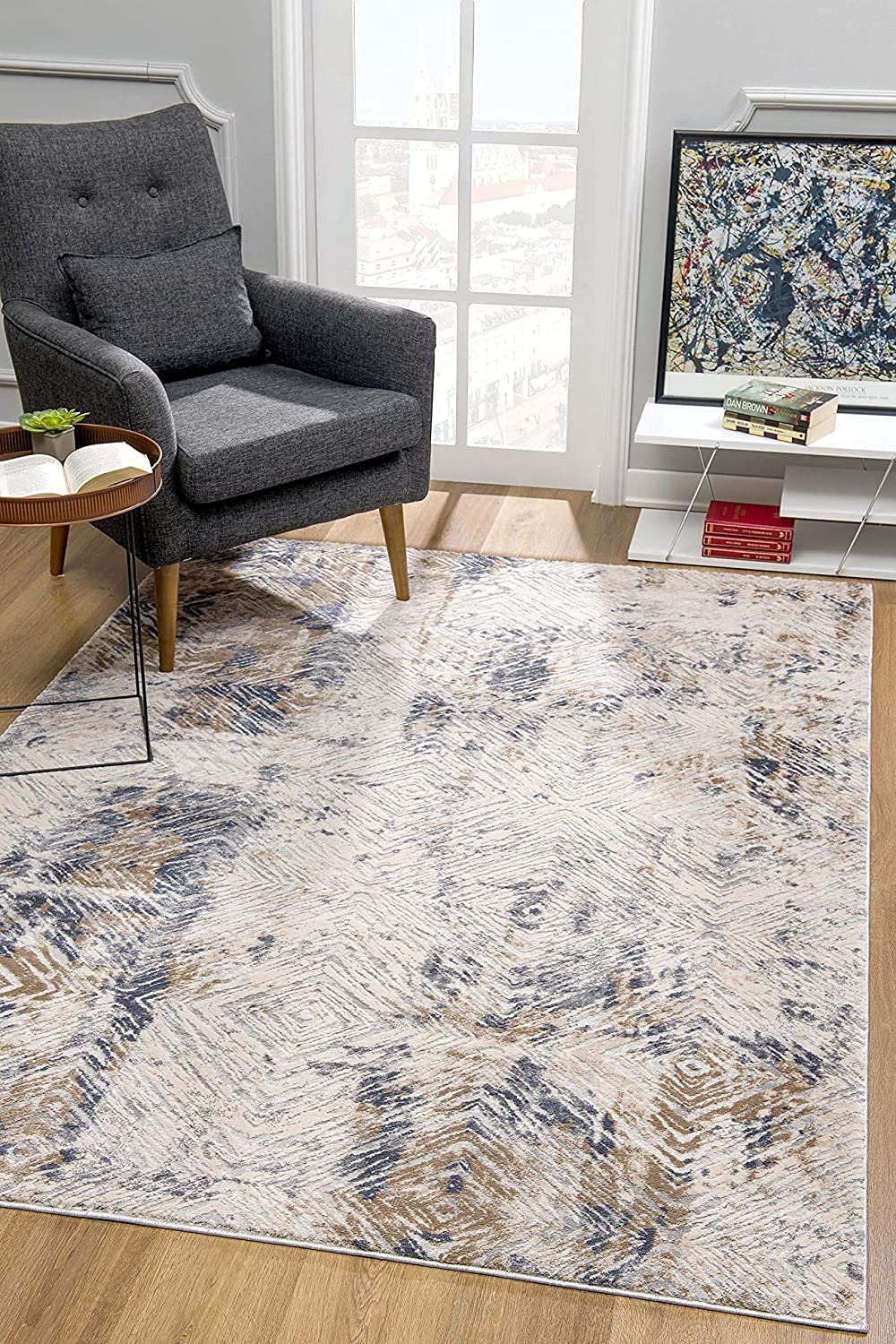 HomeRoots 100% High Grade Polypropylene 4â€ x 6â€ Ivory and Beige Abstract Diamonds Area Rug