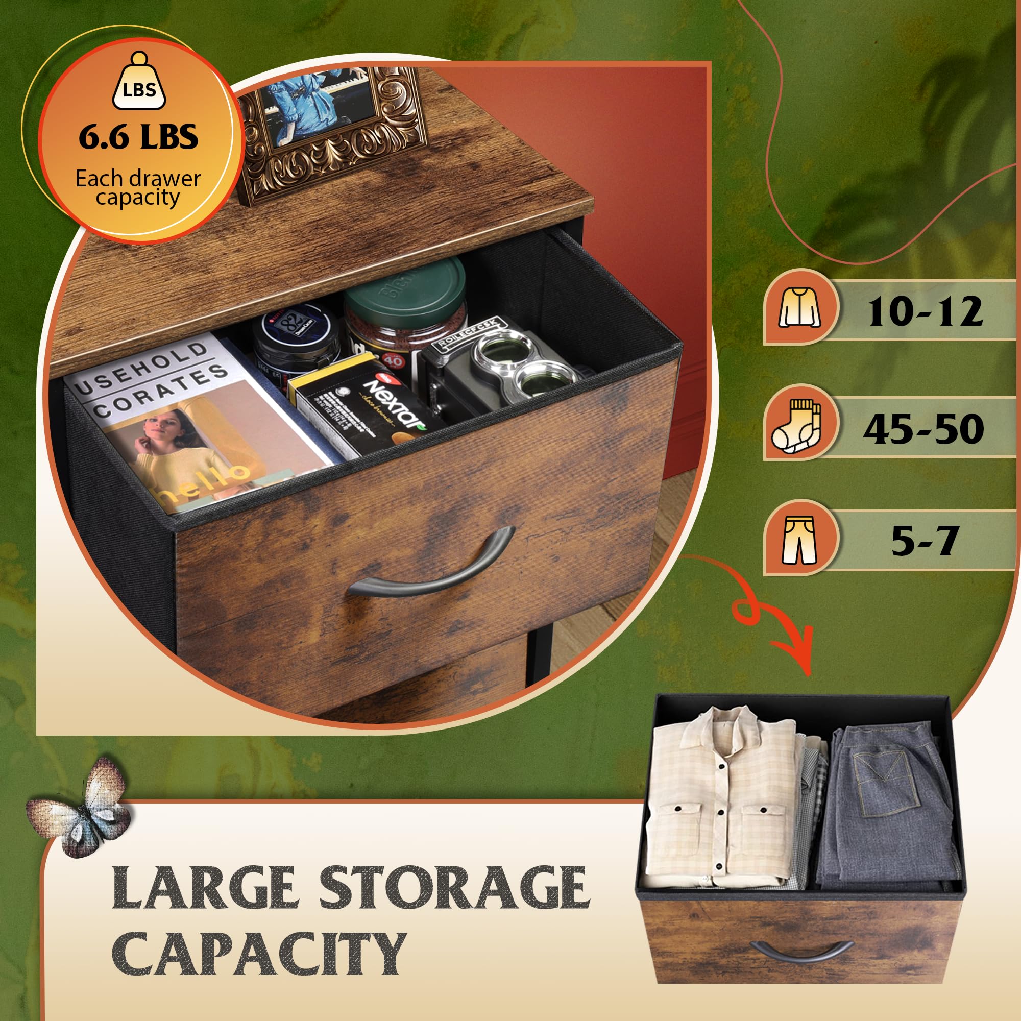 Wlive Fabric Dresser, 5-Drawer Tall Dresser For Bedroom, Storage Organizer With Fabric Bins, Wood Top, Sturdy Steel Frame, Chest Of Drawers For Closet, Hallway, Rustic Brown Wood Grain Print