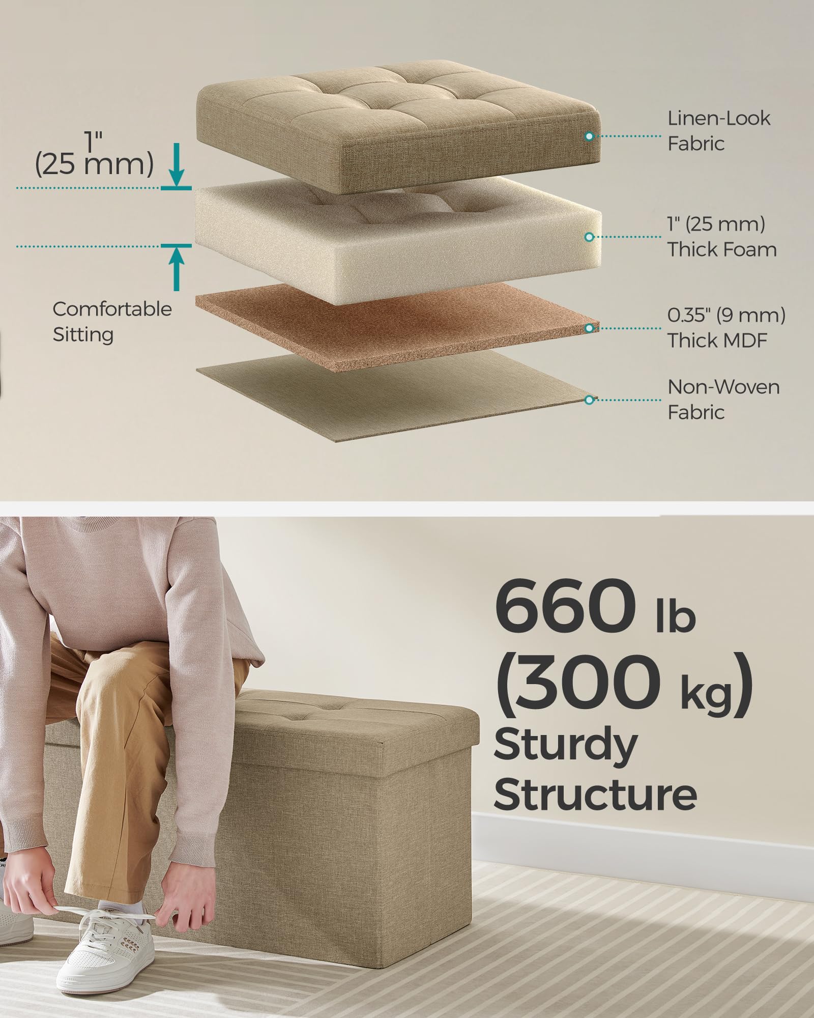 Songmics Mazie Collection - 43 Inches Storage Ottoman, Foldable Storage Bench With Flipping Lid, 660 Lb Load Capacity, For Entryway, Living Room, Bedroom, Camel Brown Ulsf076K01