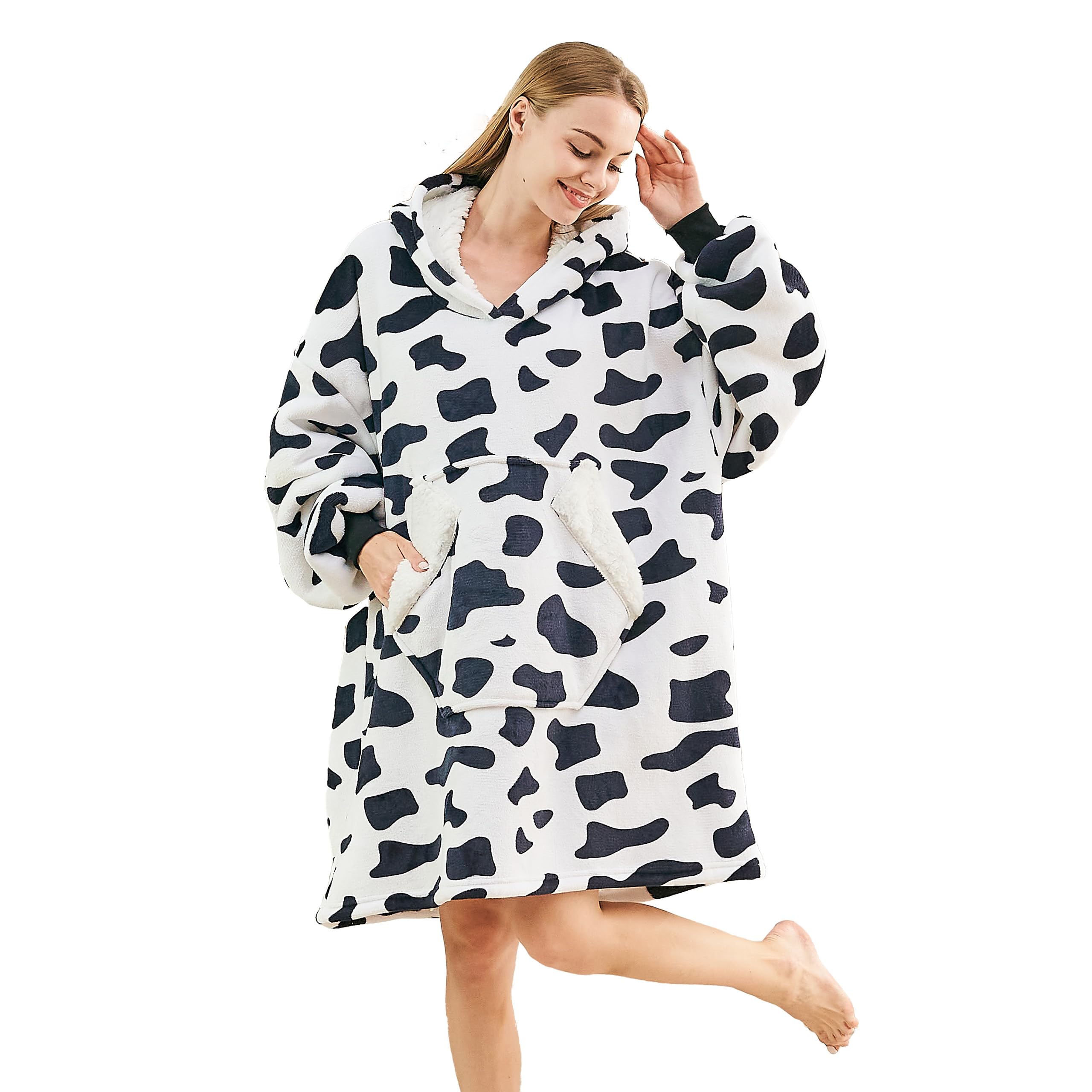 Ramees Wearable Blanket Hoodie, Oversized Sherpa Fleece Sweatshirt Blanket With Sleeves And Pockets (Cow)