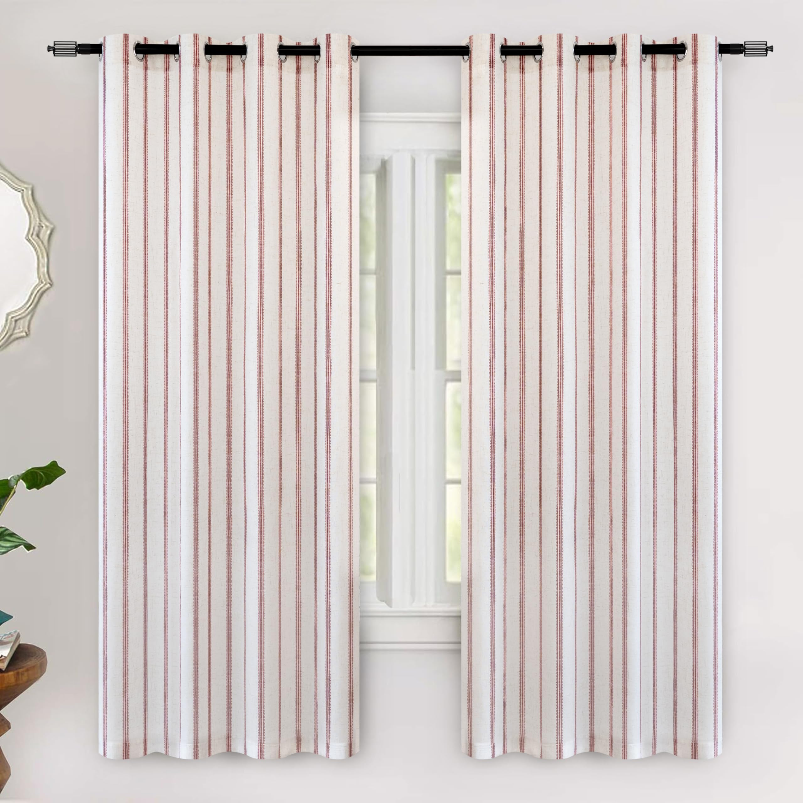Driftaway Farmhouse Linen Blend Blackout Curtains Vertical Striped Printed Linen Curtains For Bedroom Thermal Insulated Country