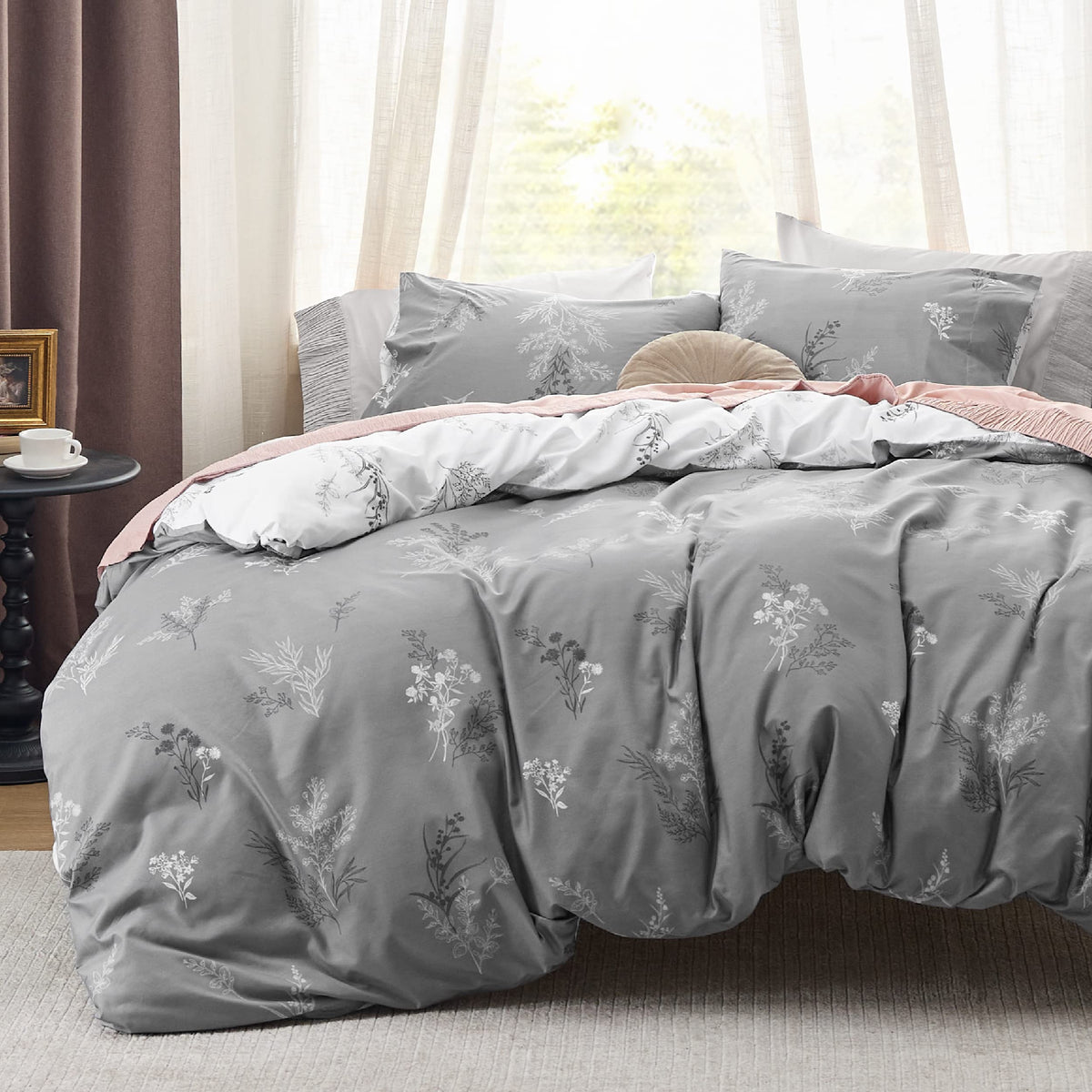 Bedsure Duvet Cover King Size - Reversible Floral Duvet Cover Set With Zipper Closure, Grey Bedding Set, 3 Pieces, 1 Duvet Cover
