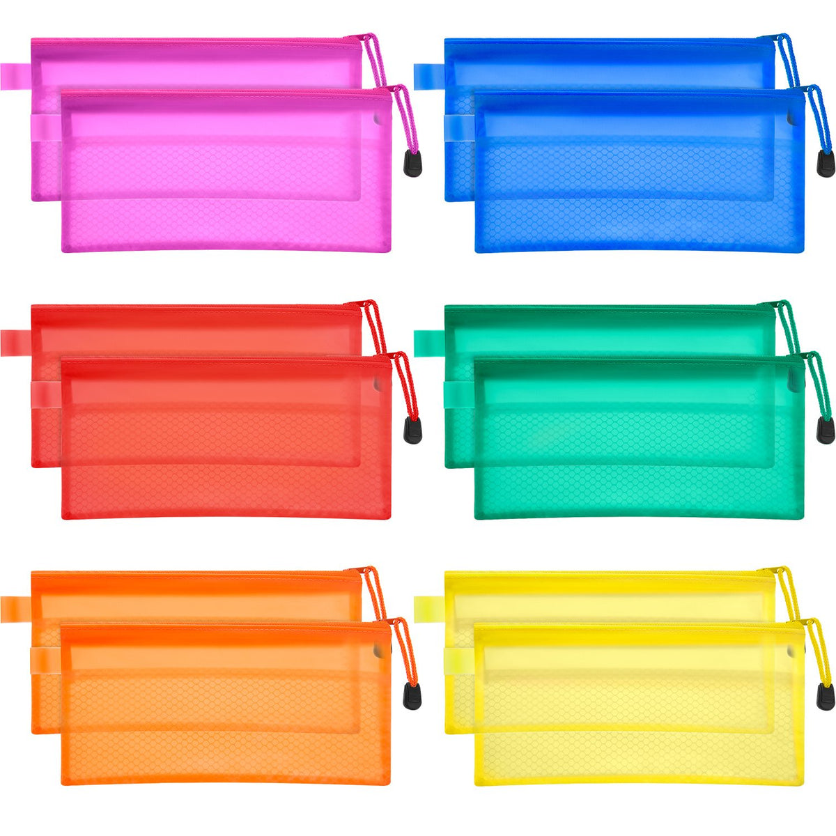 Bememo 12 Pieces 6 Colors Pencil Pouch Zipper File Bags Waterproof Plastic Double Layer For Pen Bag Cosmetics Supplies Travel Ac