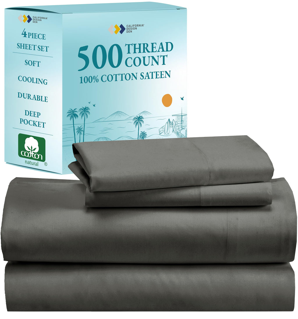 California Design Den Cotton King Sheets Grey - 500 Thread Count Bed Sheet Set, Luxury Finish Sateen Weave, Wrinkle Less Soft Bedding For Premium Comfort, Deep Pocket Fits Mattress 41 Cm