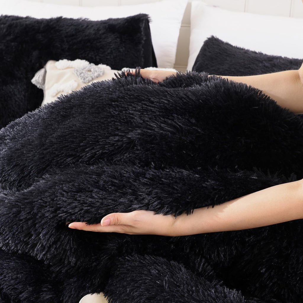 Smoofy Faux Fur Black Comforter Set Twin Size 2Pcs Fluffy Fuzzy Plush Comforter Set Cute Soft Shaggy Velvet Double-Sided Bedding