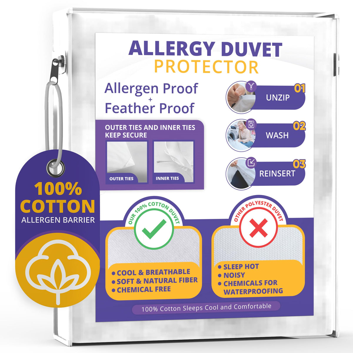 Allersoft| All Cotton Dust, Pet Dander, Feather, Pollen & Allergy Control Duvet Protector (106X96)