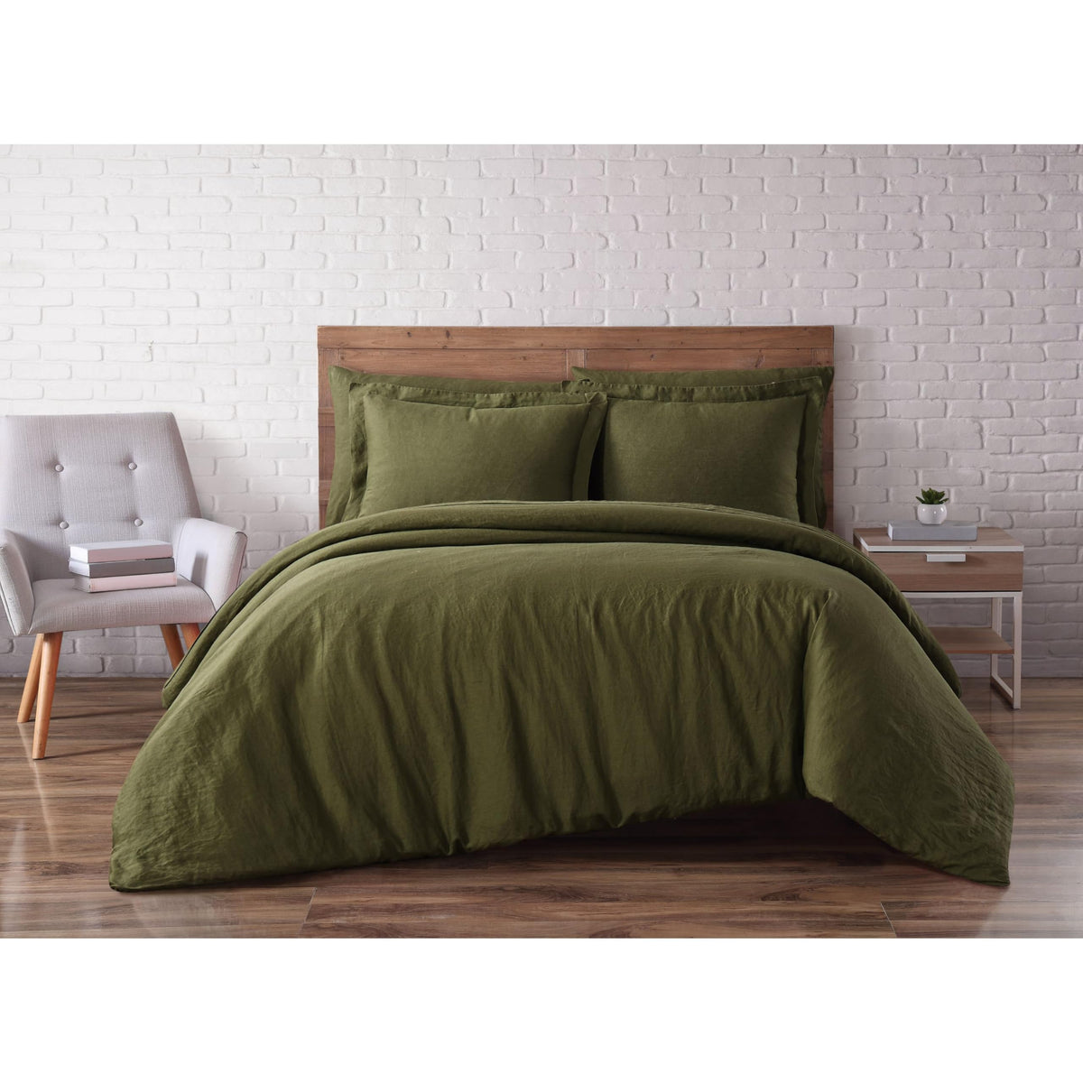 Brooklyn Loom Linen Duvets Olive Green Linen 3-Piece King Duvet Set, Solid Color Themed, For Men And Women, Oeko-Tex Certified C