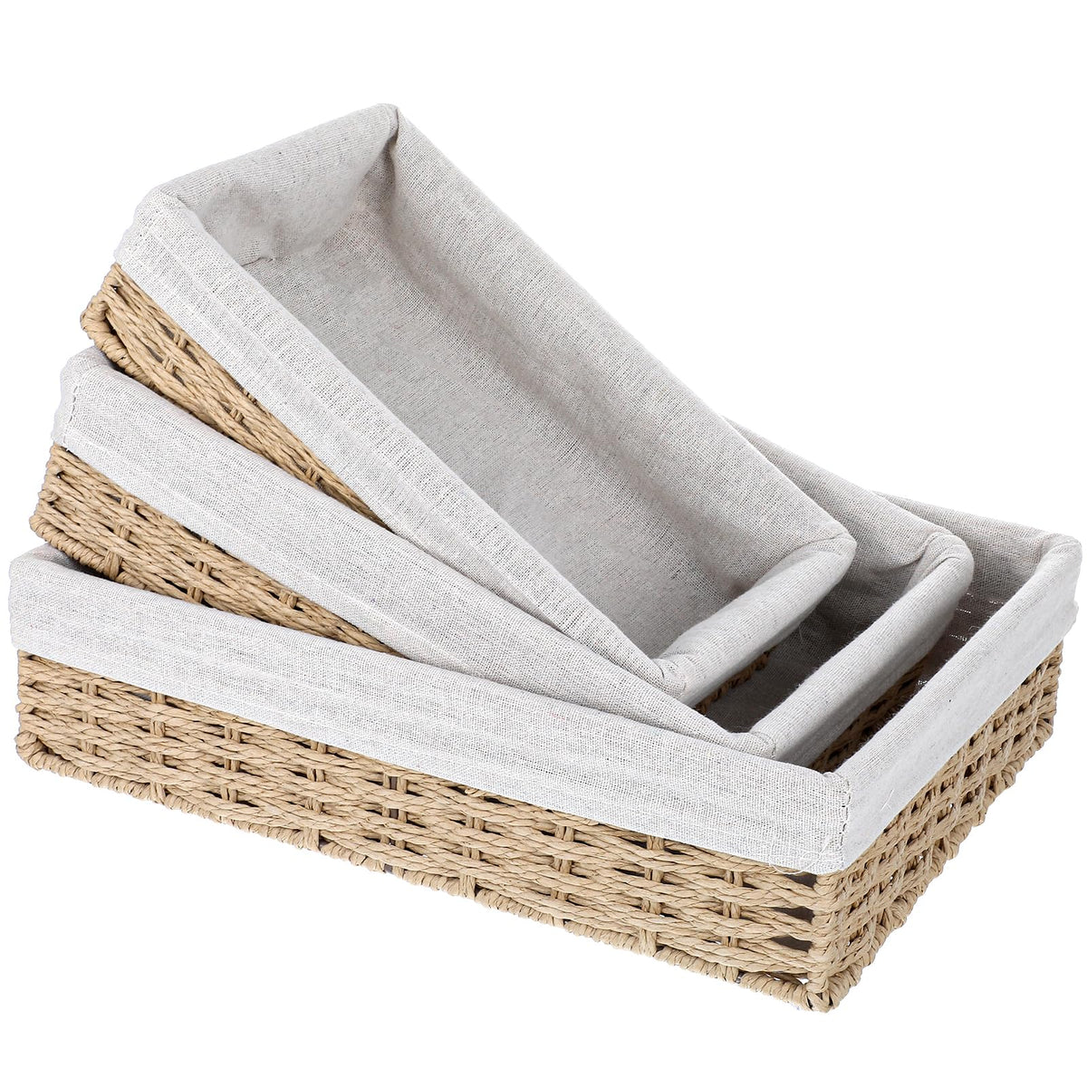 3 Pack Small Wicker Baskets for Organizing,Paper Rope Storage Basket,Desk Basket With Liner,Hand Towel Baskets, Baskets for Draw