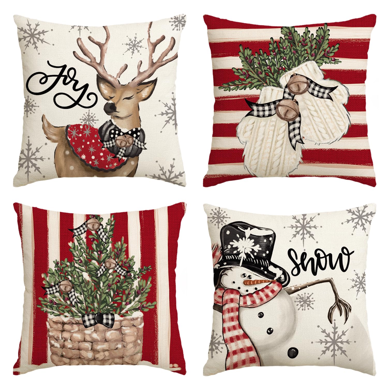 Avoin Colorlife Christmas Snowman Reindeer Gloves Eucalyptus Red Throw Pillow Covers, 16 X 16 Inch Winter Holiday Stripes Cushio