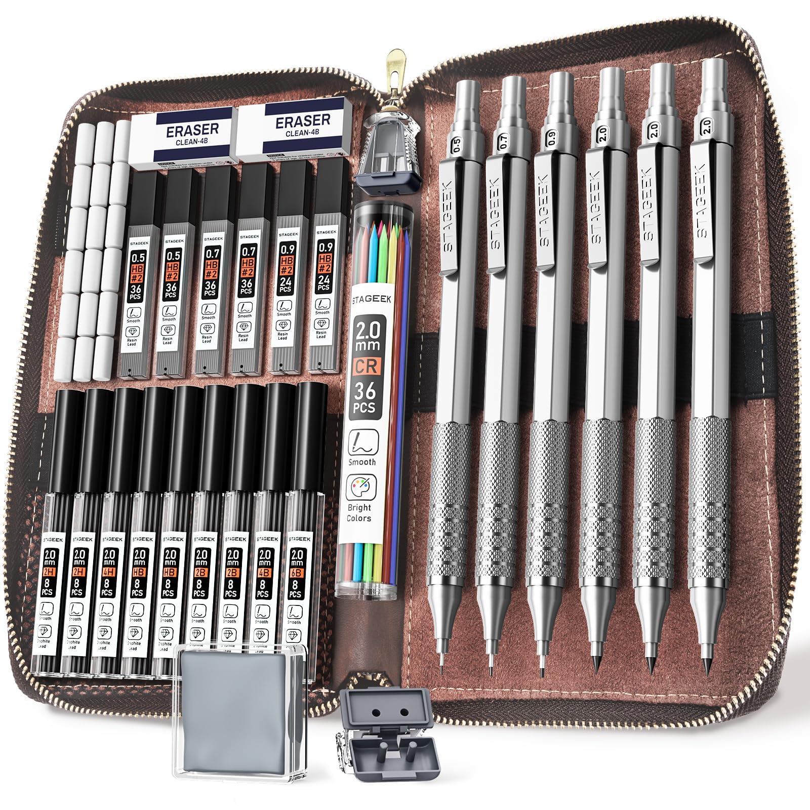 Stageek 30Pcs Metal Mechanical Pencil Set With Leather Case, 0.5/0.7/0.9/2.0Mm Art Drafting Pencils, 16 Tubes Graphite Leads(6B
