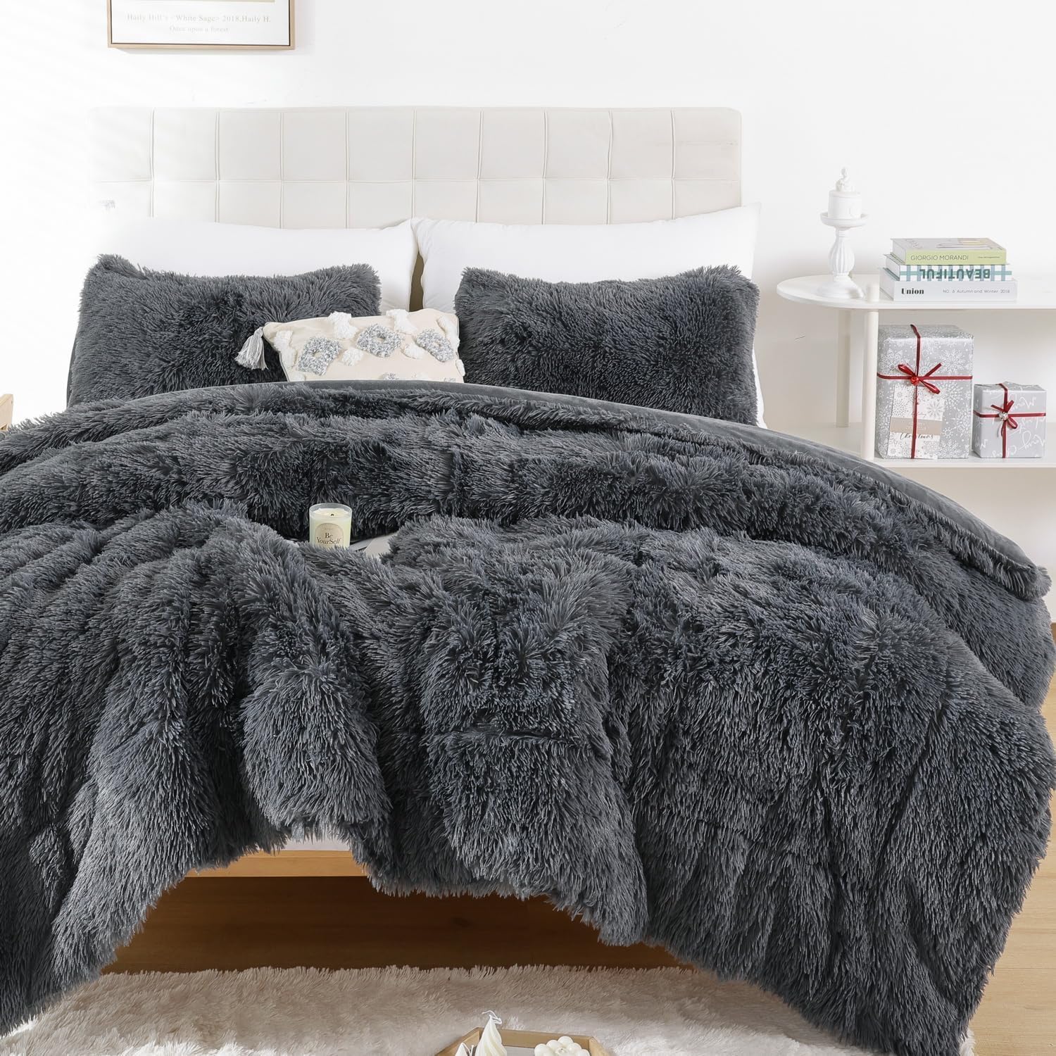 Smoofy Faux Fur Comforter Set Full Size 3Pcs Dark Grey Fluffy Fuzzy Plush Comforter Set Cute Soft Shaggy Velvet Double-Sided Bed