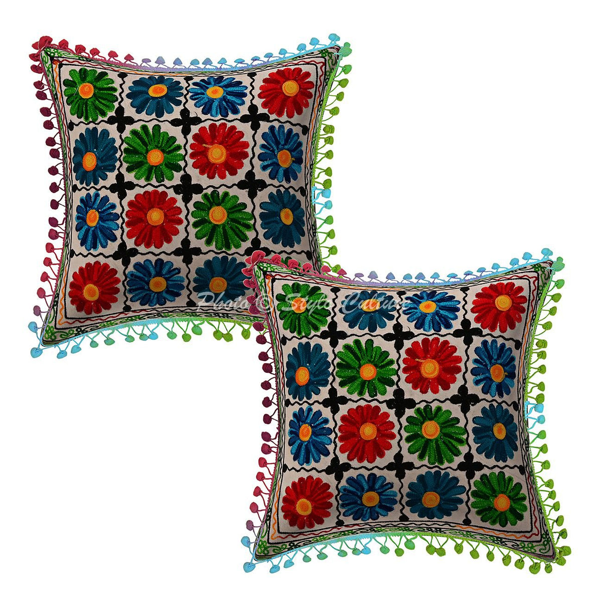 Multi Color Embroidered Cotton Sofa Cushion Covers Indian 16X16 Floral Cushion Coverss