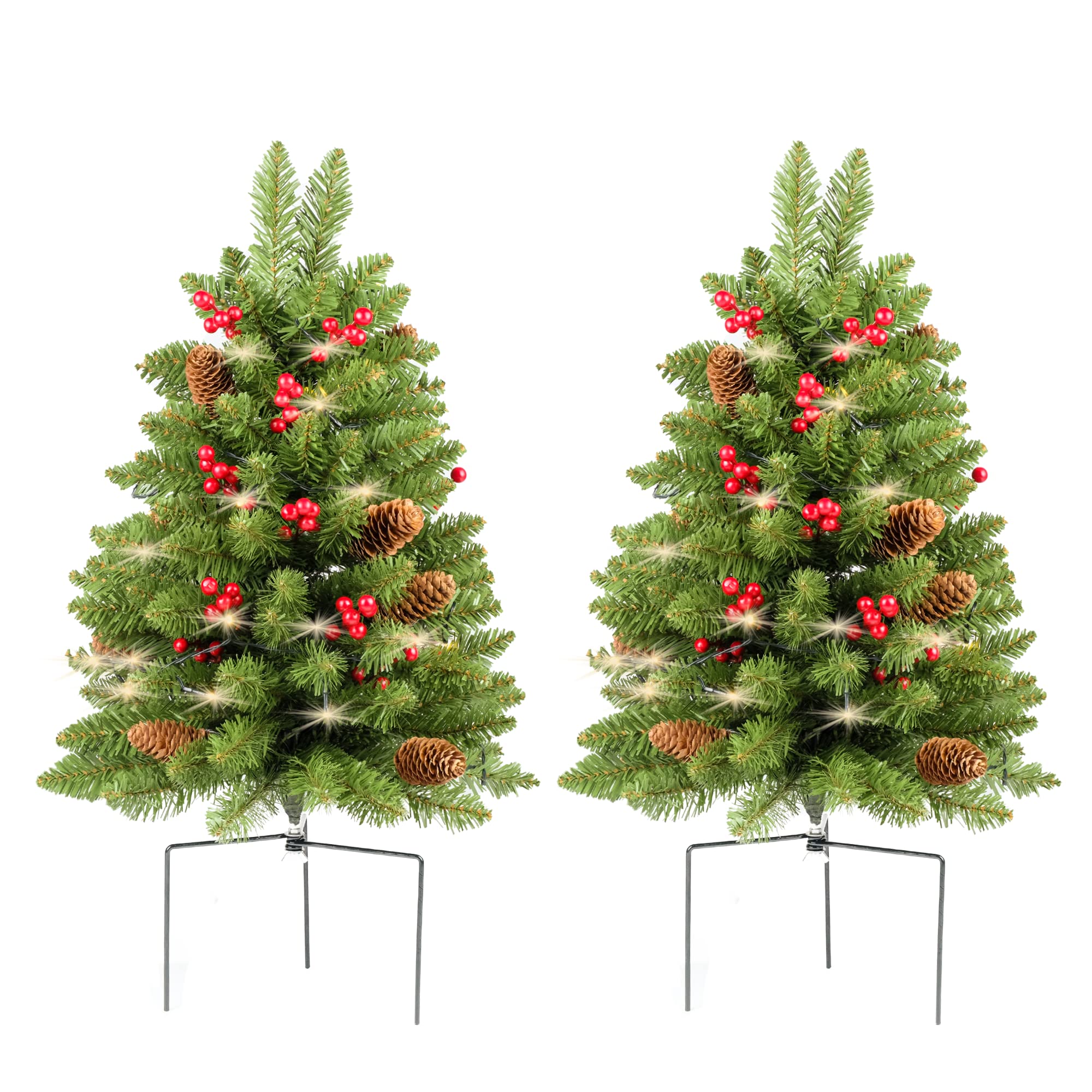 Christmas Tree 30 inch Prelit 2 Set Pathway Porch Christmas Trees Pre-Light LED Battery Operated Outdoor Xmas Decor for Entrance