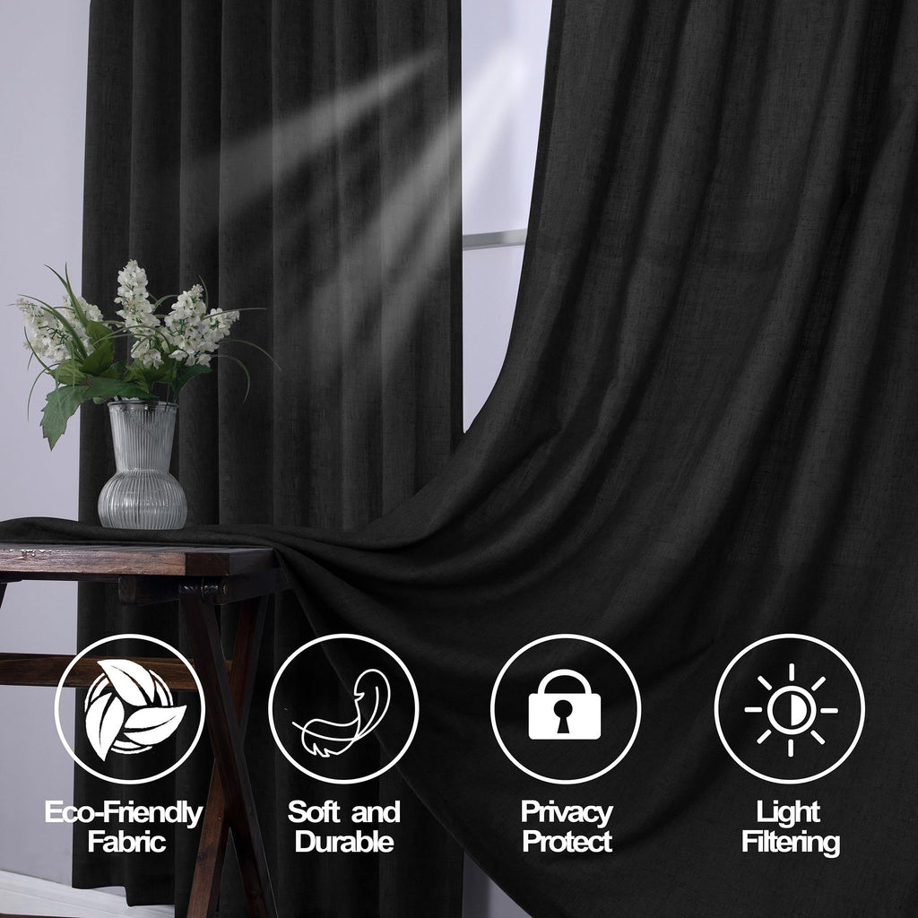 Mrs.Naturall Black Back Tab Linen Blend Sheer Curtains For Living Room 52X63 Inches Long